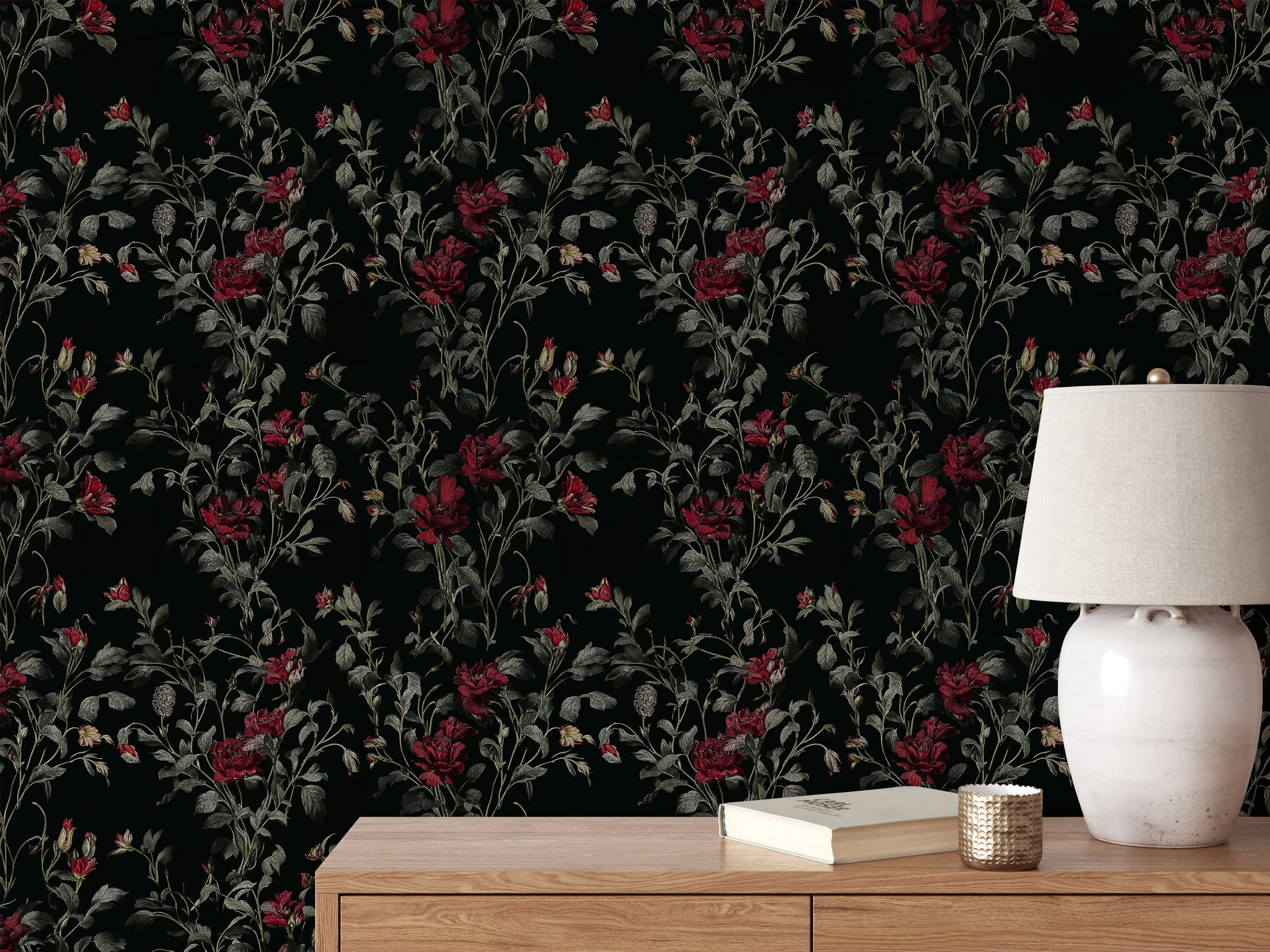 Dark Floral Peel and Stick Wallpaper, Gothic Rose Wall Mural, Moody Vintage Botanical Decor