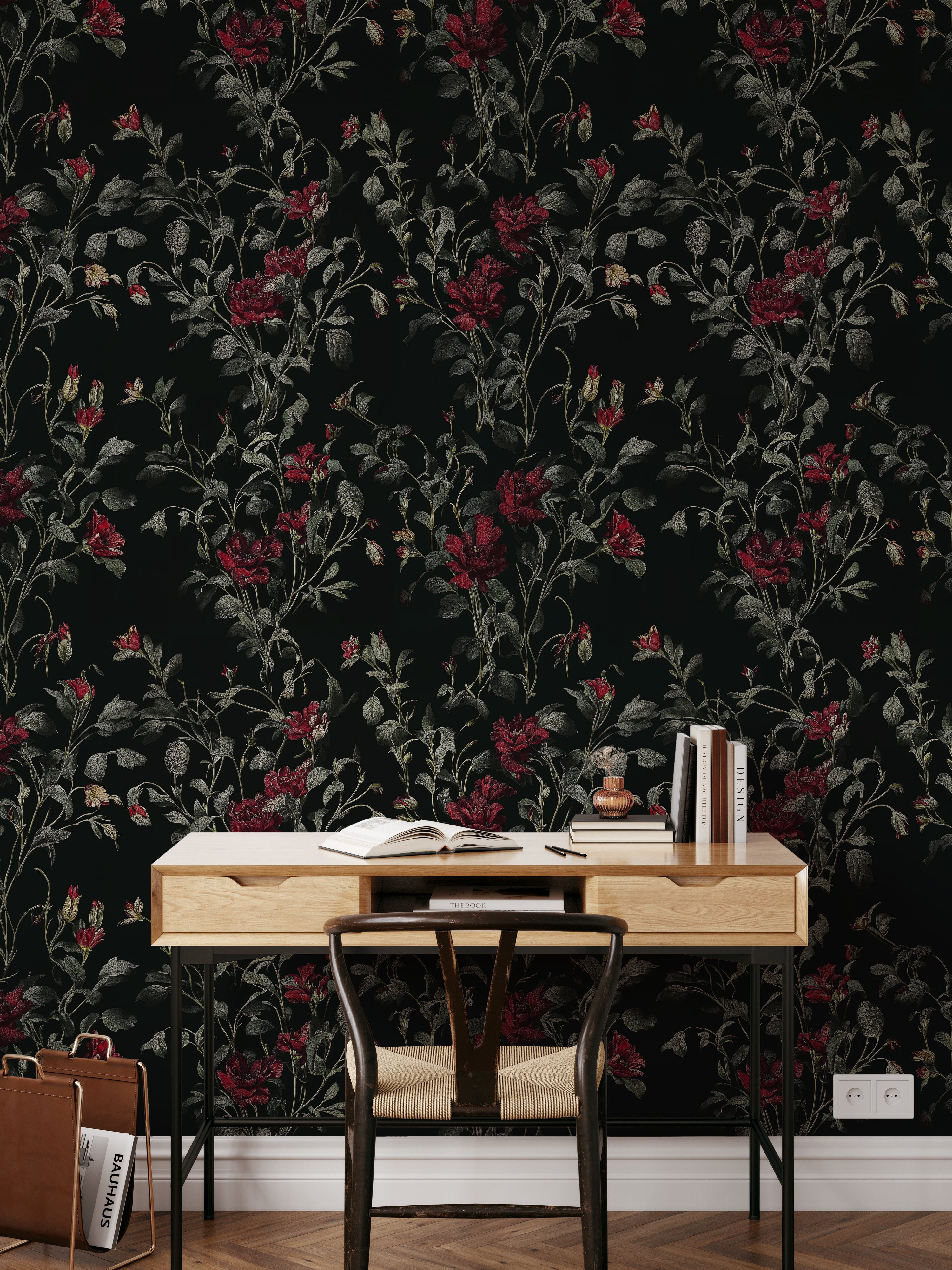 Dark Floral Peel and Stick Wallpaper, Gothic Rose Wall Mural, Moody Vintage Botanical Decor