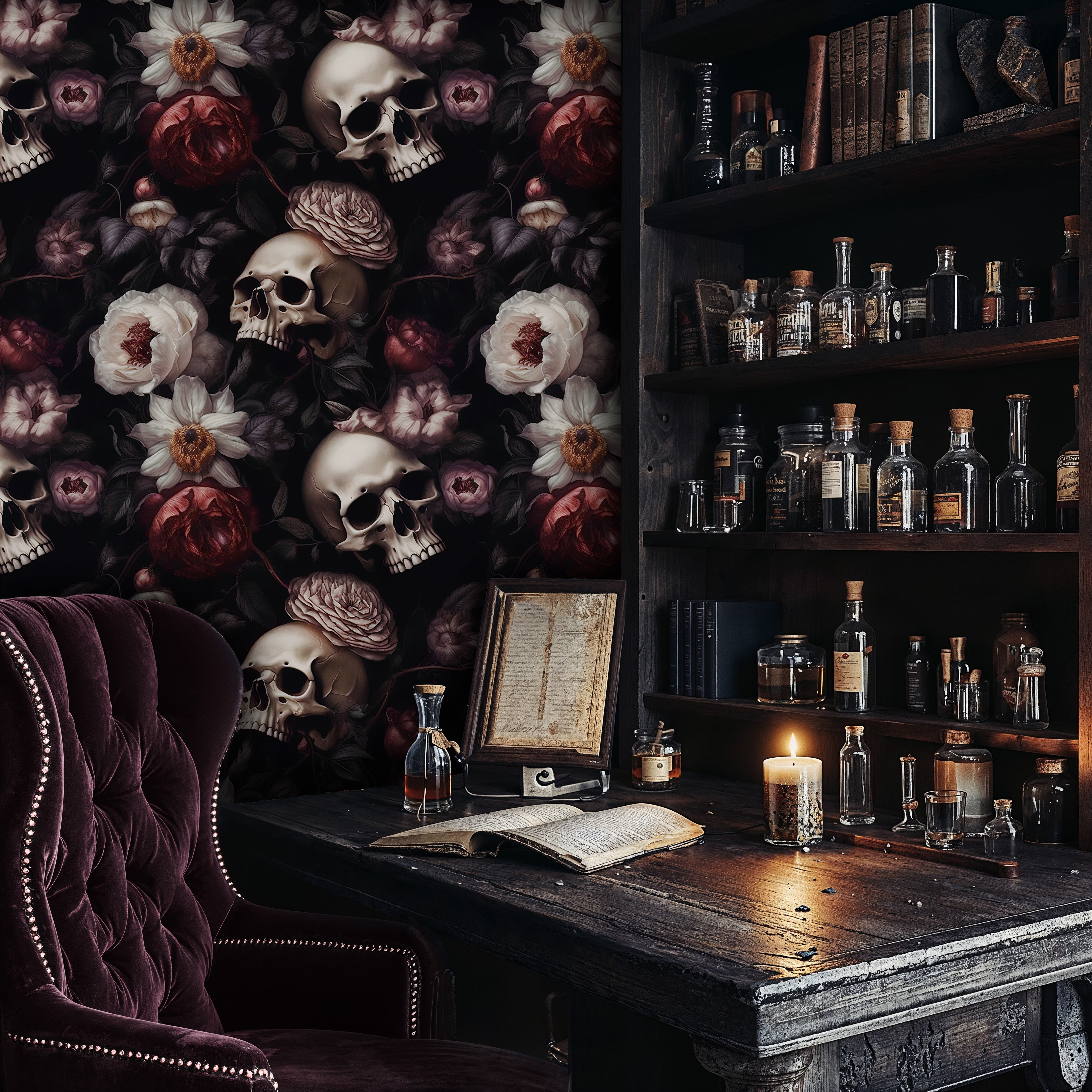 Gothic Skull Floral Wallpaper, Dark Romantic Wall Mural