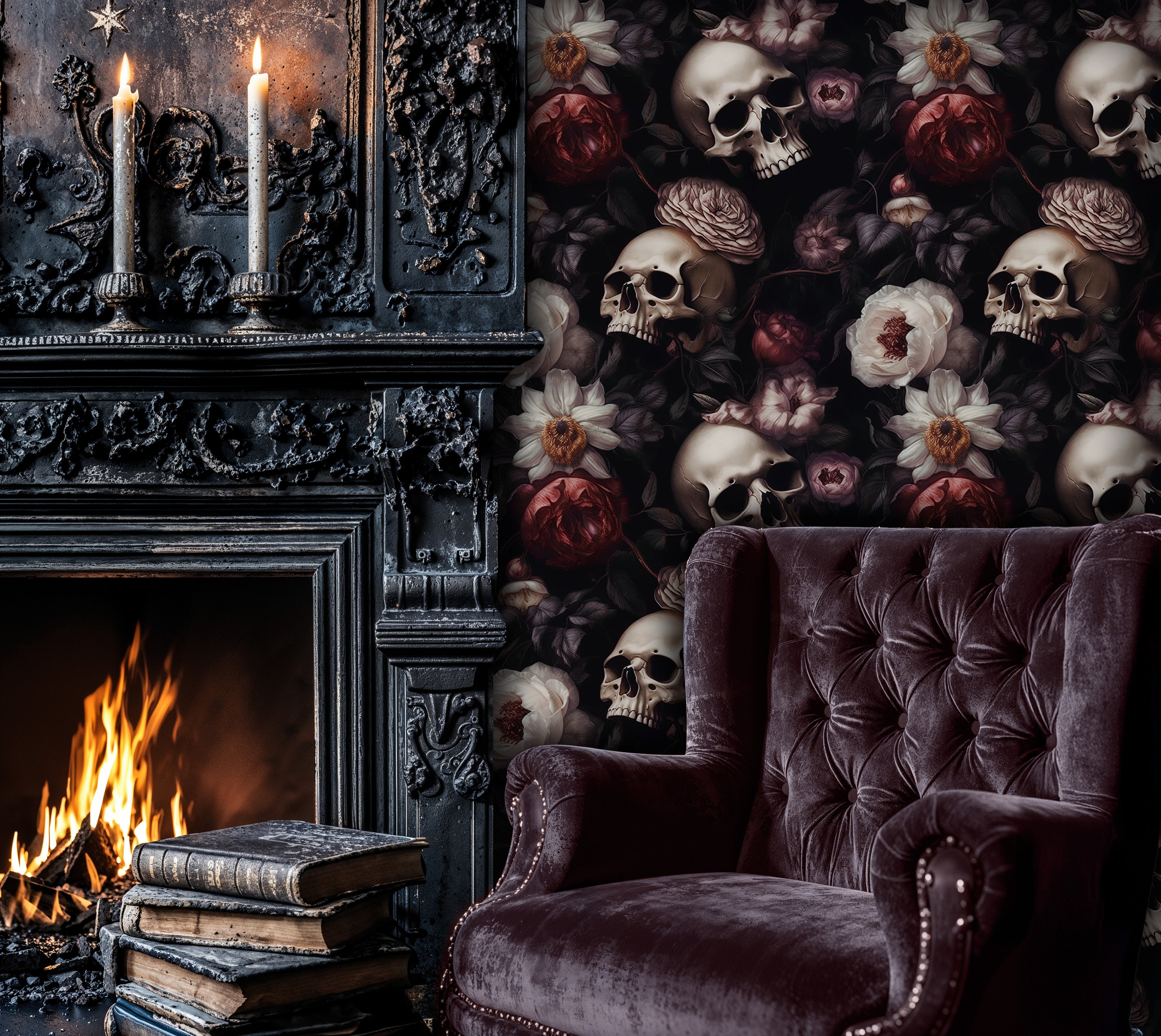 Gothic Skull Floral Wallpaper, Dark Romantic Wall Mural