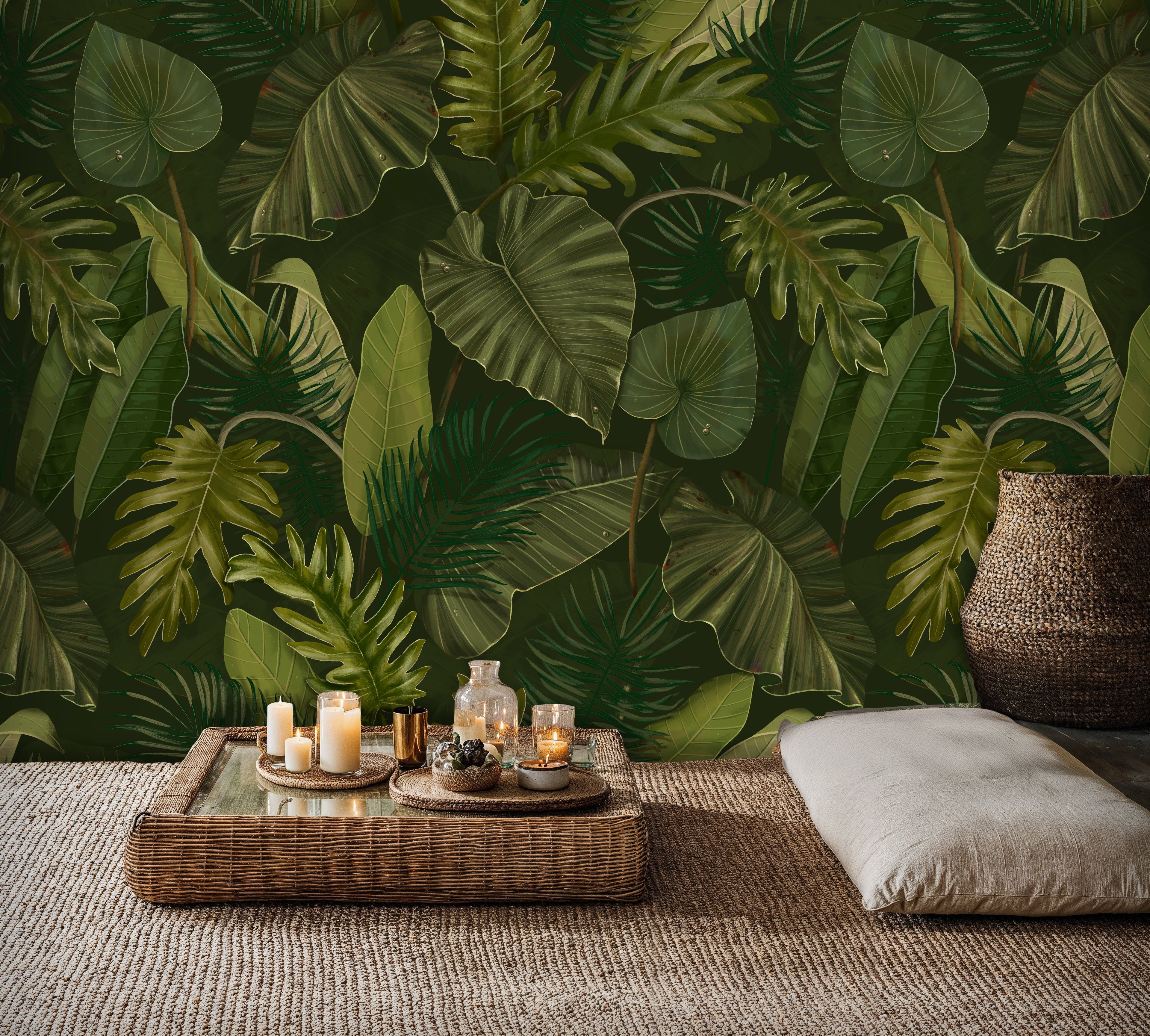 Tropical Jungle Leaf Wallpaper, Dark Green Peel and Stick Mural