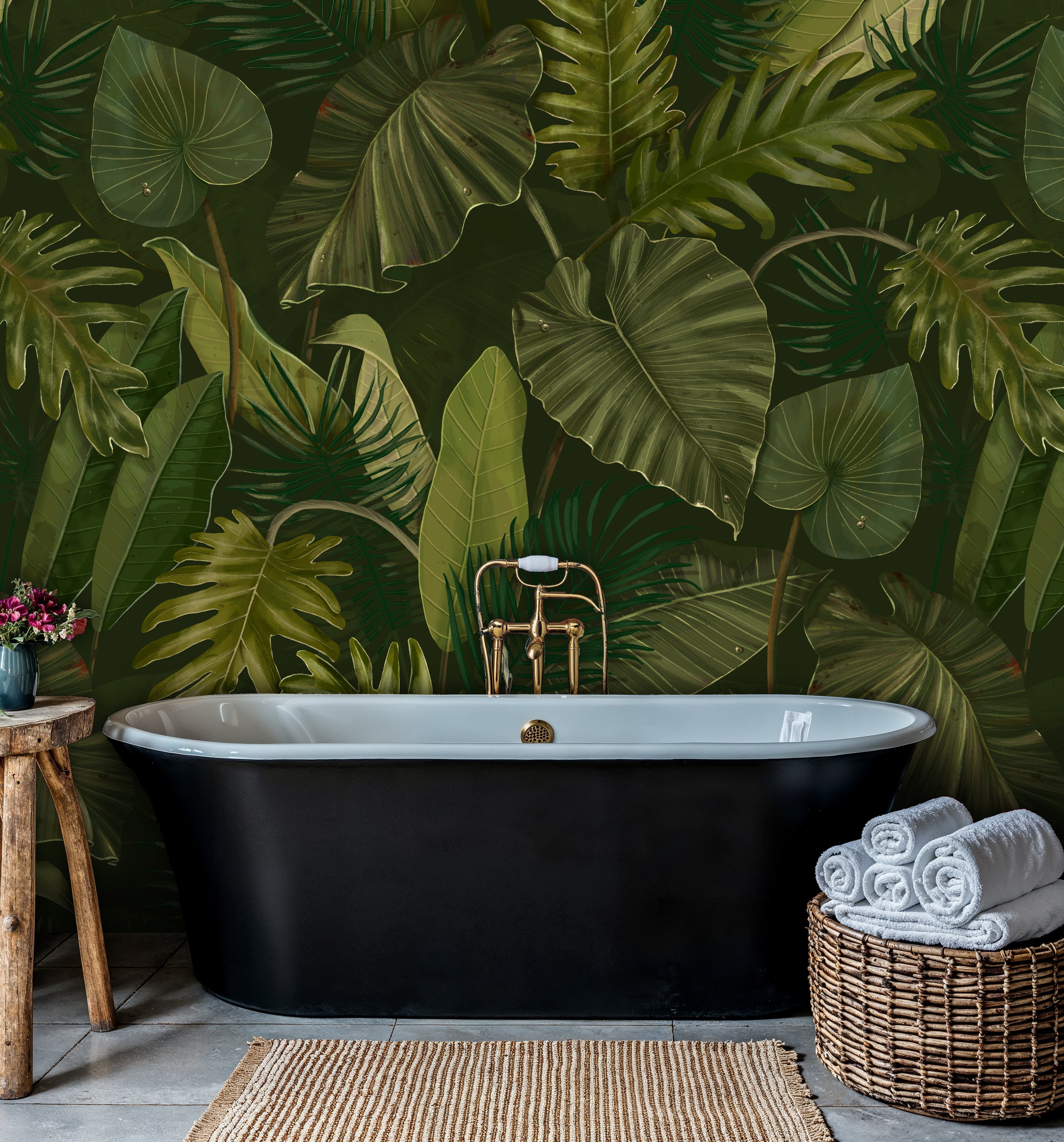 Tropical Jungle Leaf Wallpaper, Dark Green Peel and Stick Mural