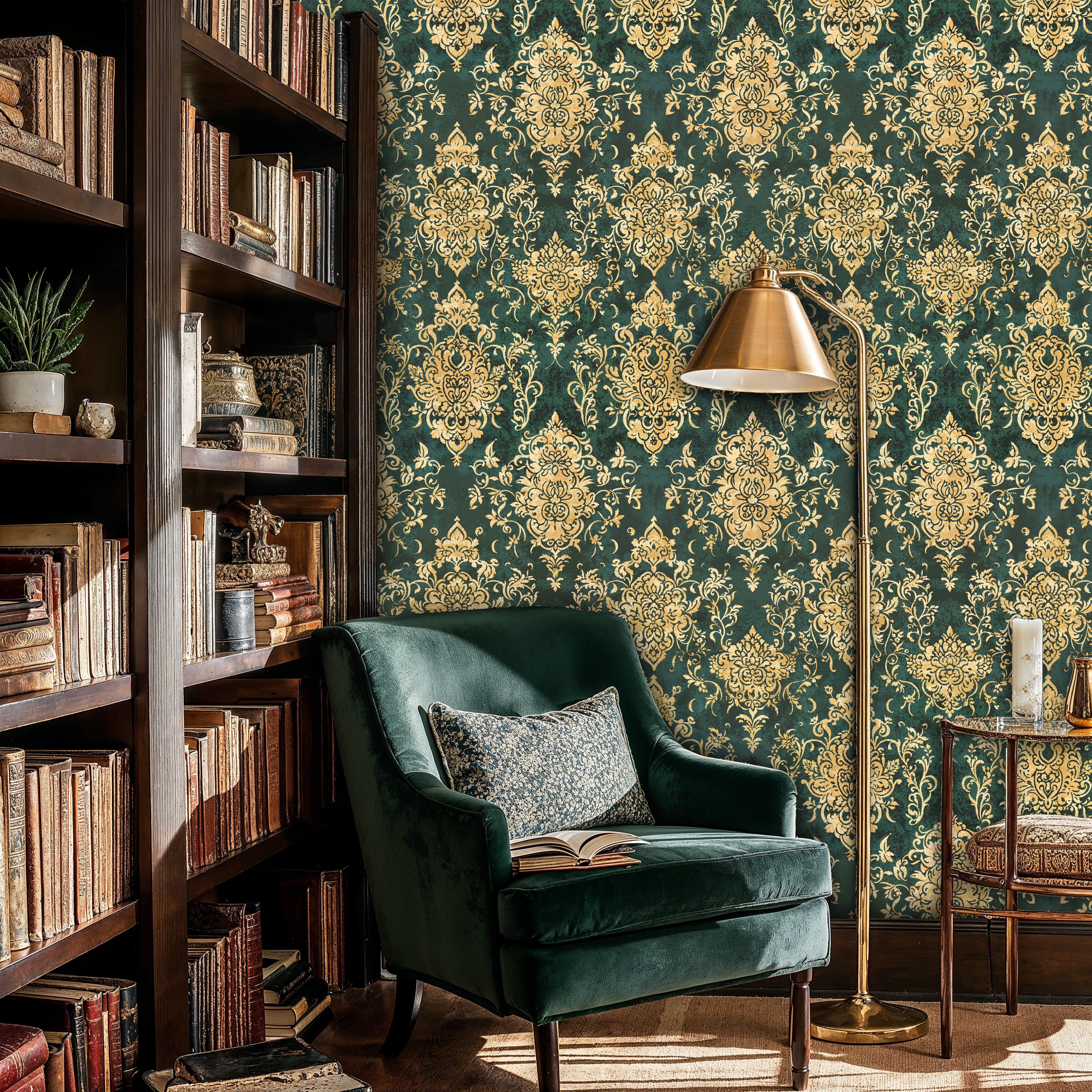 Emerald Gold Damask Wallpaper, Vintage Baroque Wall Mural