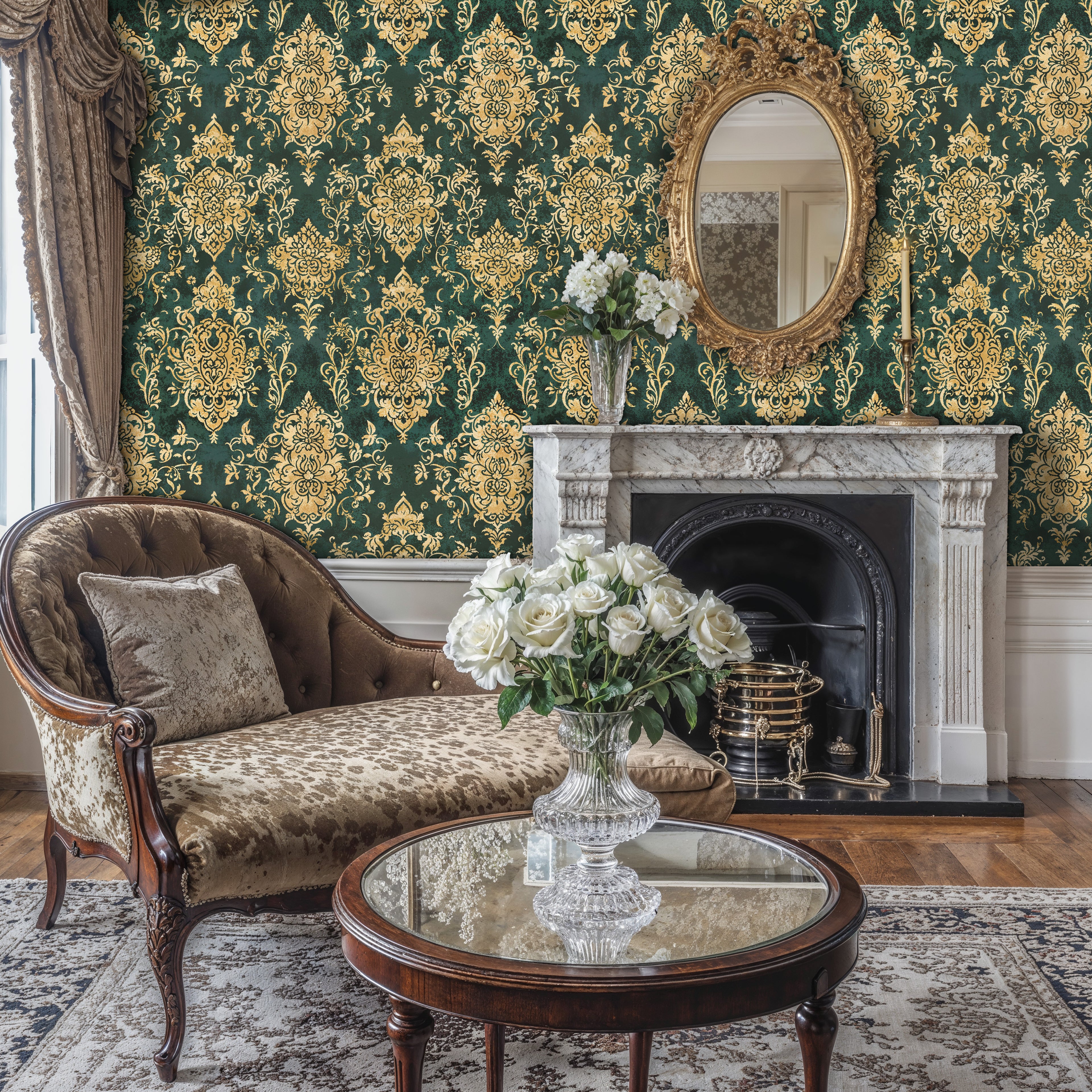 Emerald Gold Damask Wallpaper, Vintage Baroque Wall Mural
