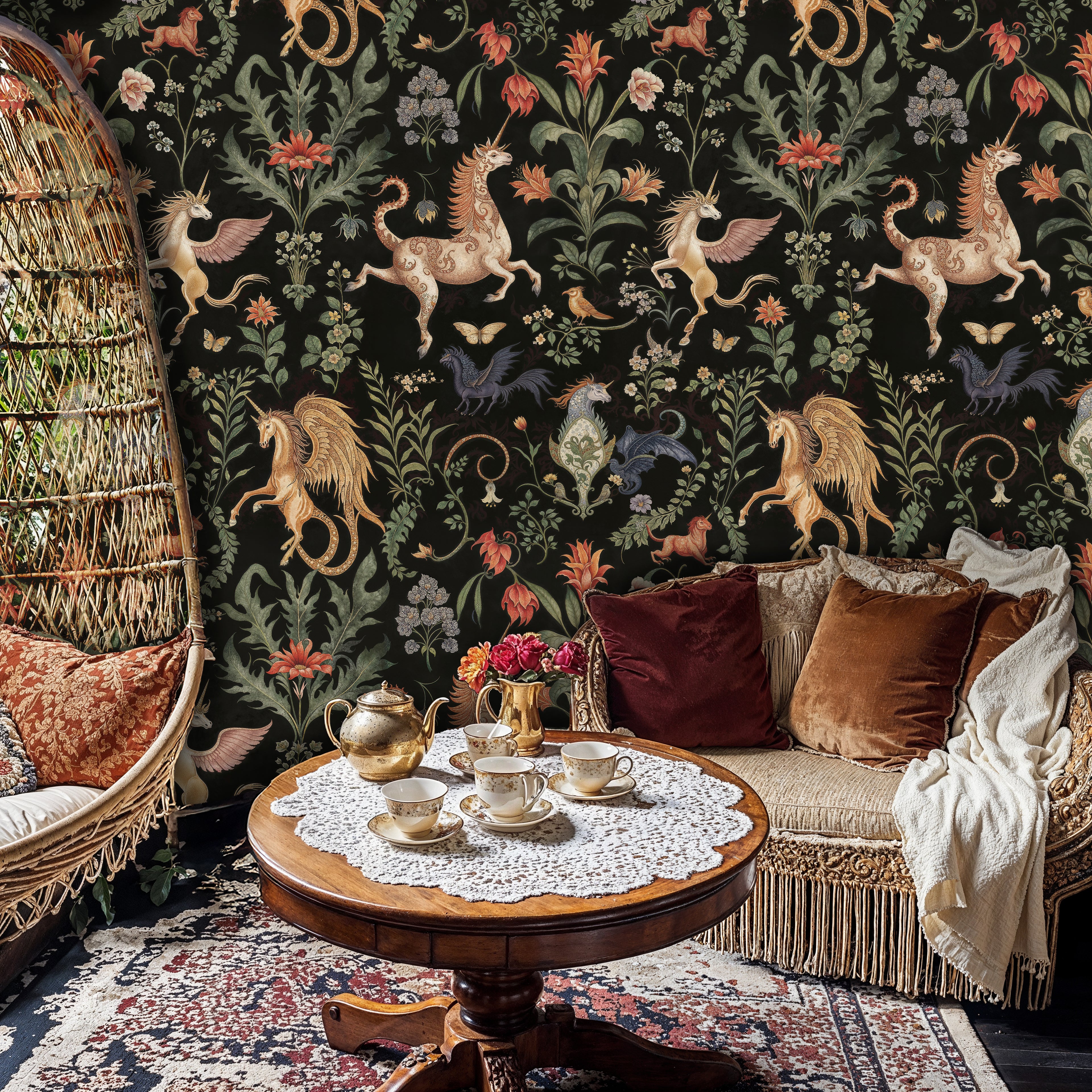 Unicorn Fantasy Wallpaper, Dark Fairytale Peel and Stick Mural