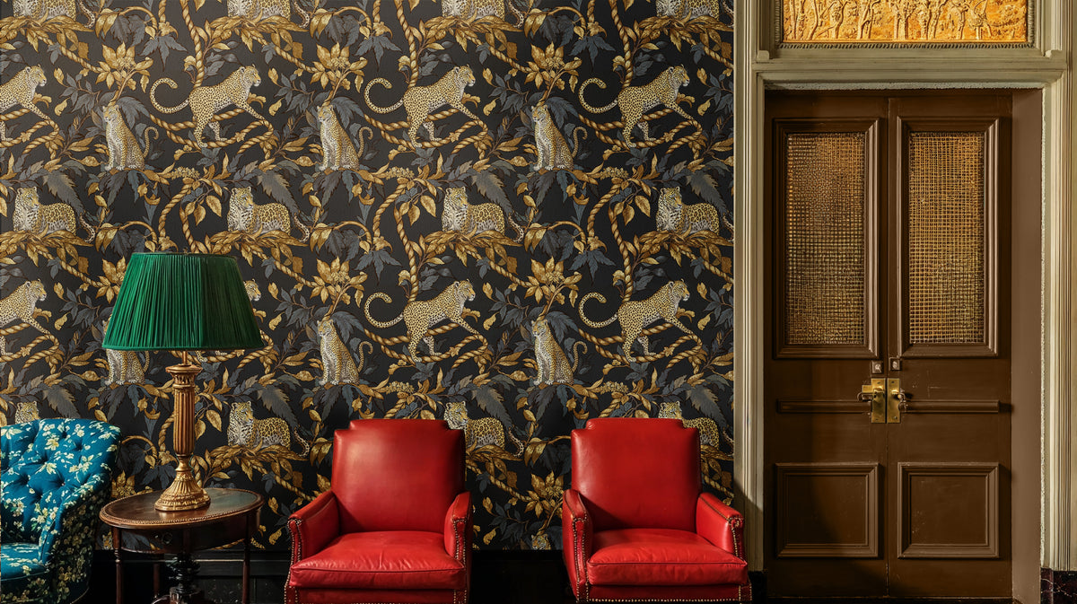 Black and Gold Jungle Wallpaper, Leopard Print Peel and Stick Mural, Exotic Safari Pattern