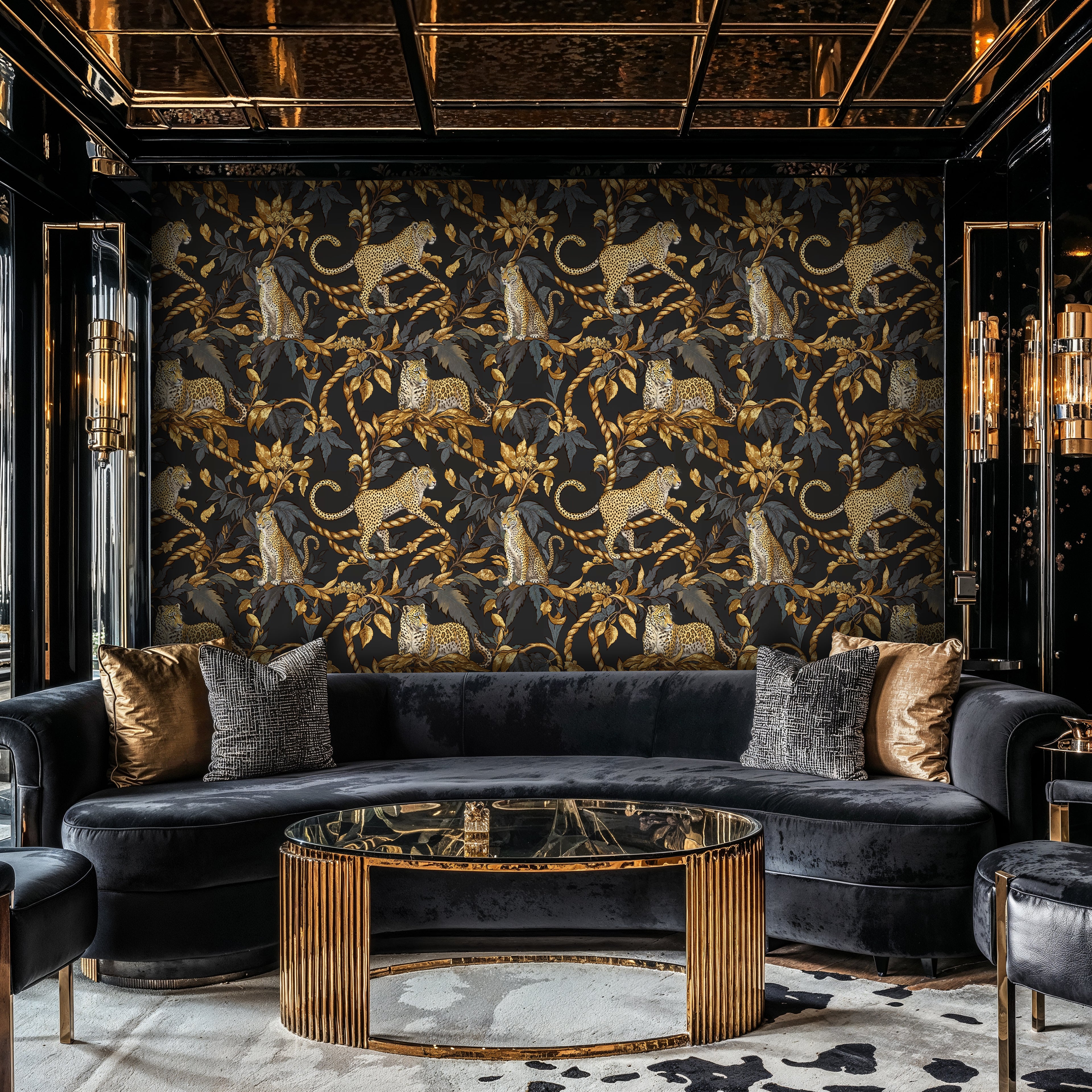 Black and Gold Jungle Wallpaper, Leopard Print Peel and Stick Mural, Exotic Safari Pattern