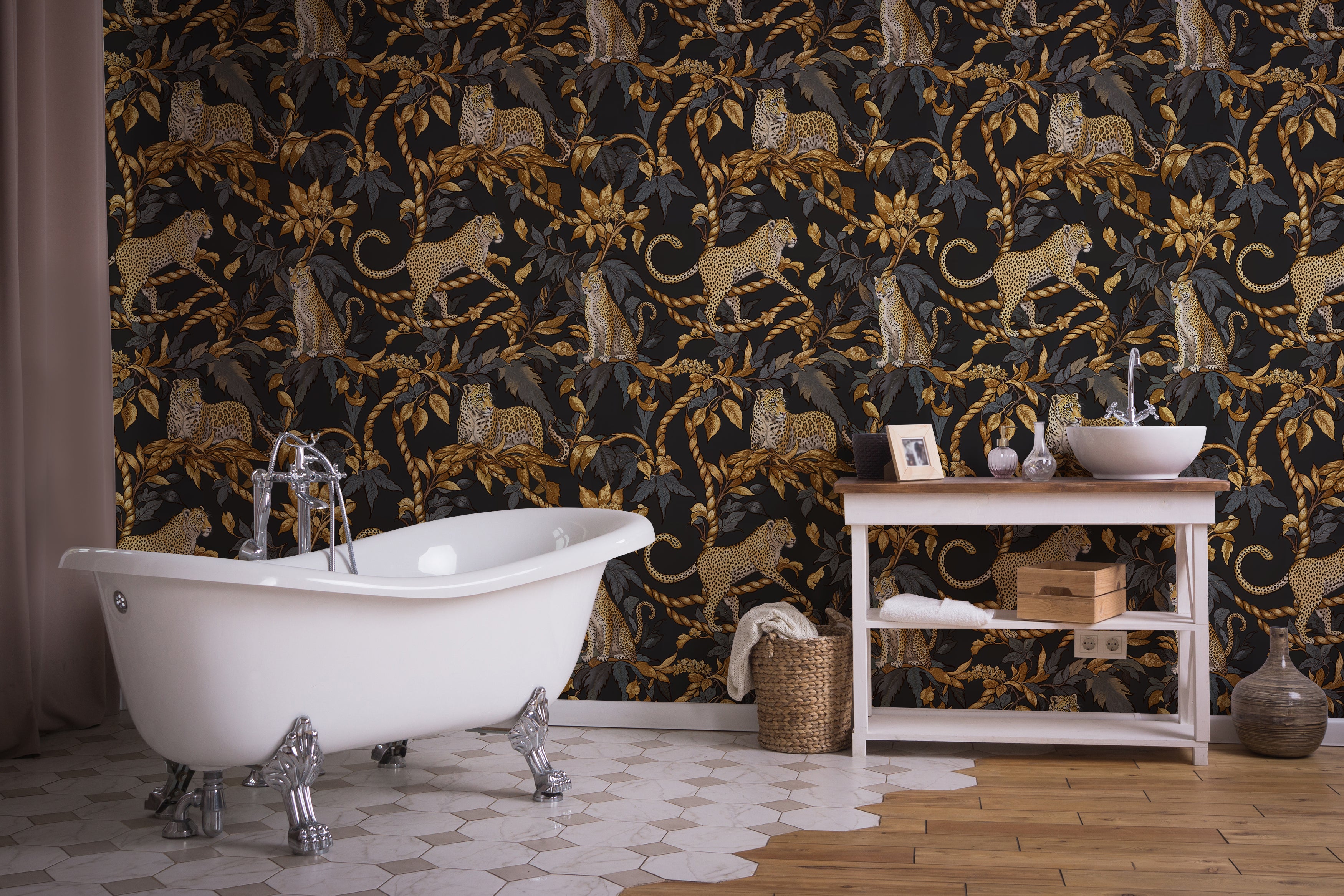 Black and Gold Jungle Wallpaper, Leopard Print Peel and Stick Mural, Exotic Safari Pattern