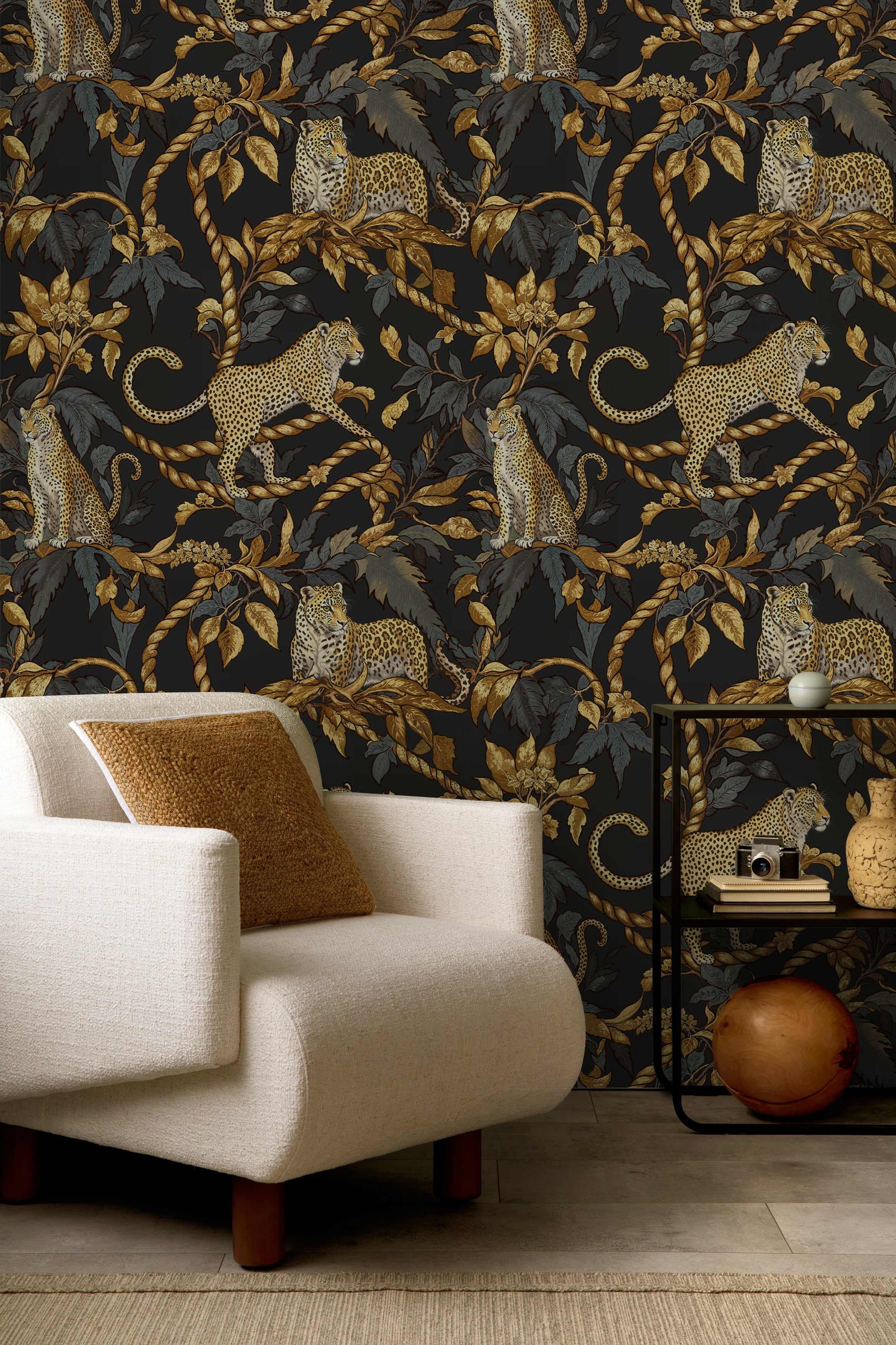 Black and Gold Jungle Wallpaper, Leopard Print Peel and Stick Mural, Exotic Safari Pattern