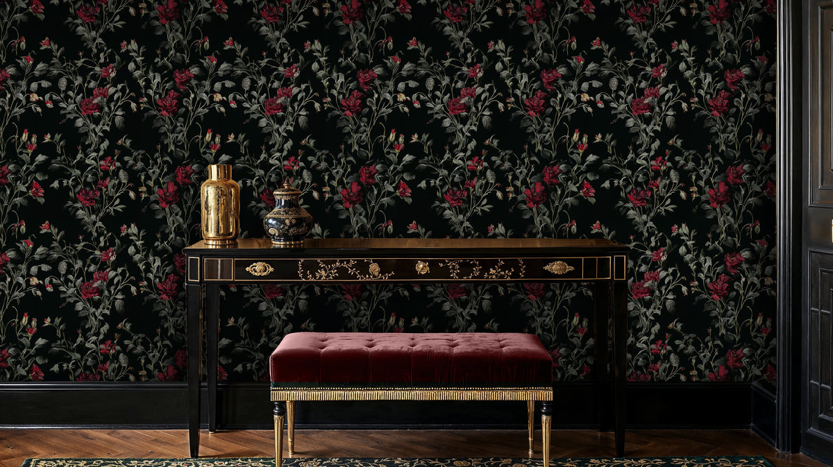 Dark Floral Peel and Stick Wallpaper, Gothic Rose Wall Mural, Moody Vintage Botanical Decor
