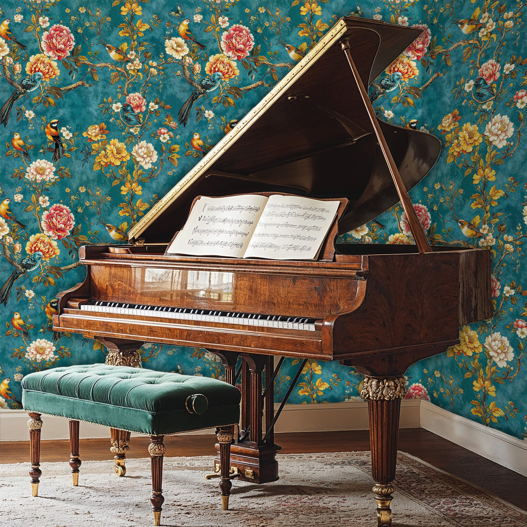Teal Chinoiserie Bird Wallpaper, Floral Vintage Wall Mural