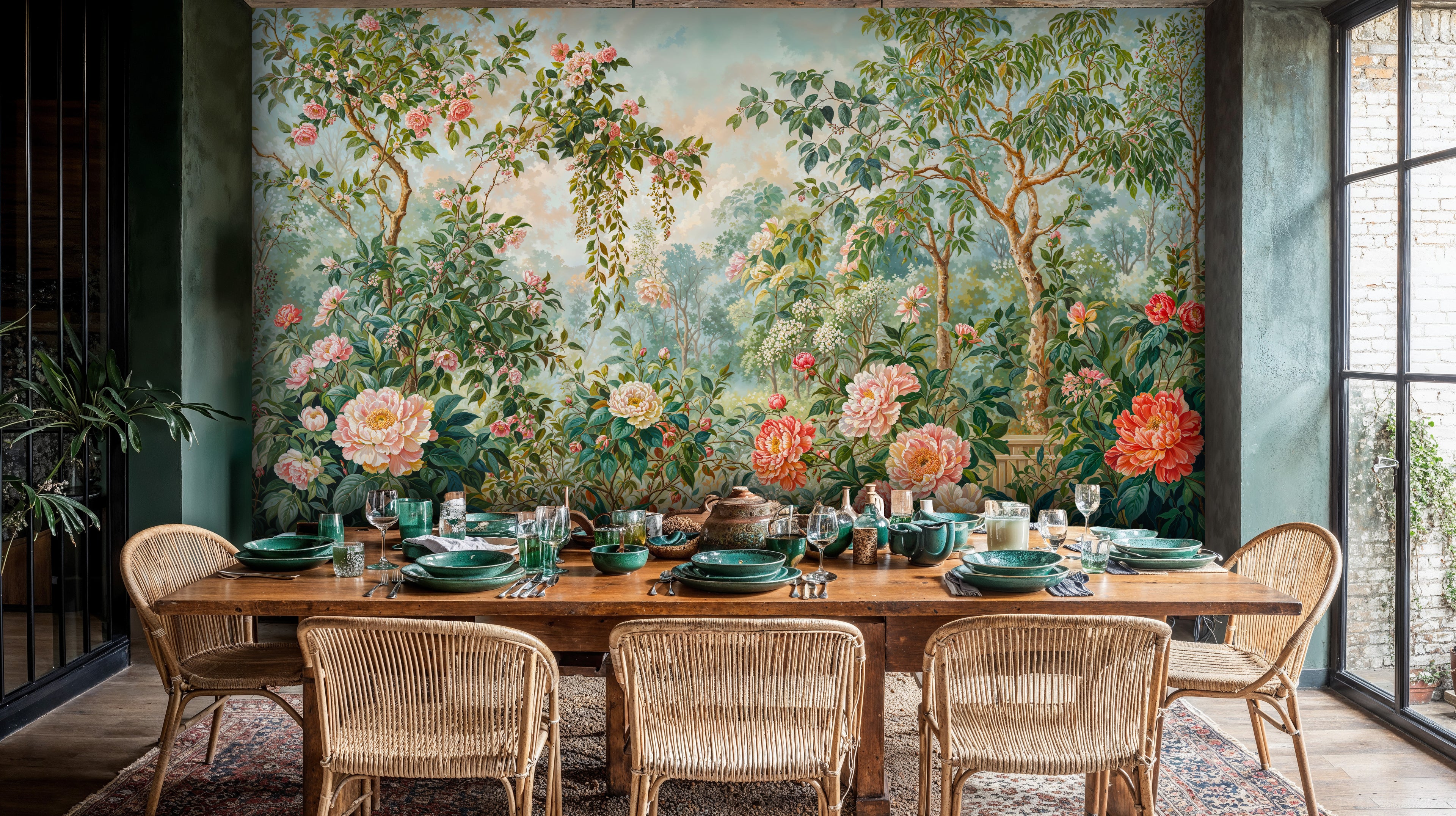 Romantic Garden Wallpaper, Vintage Botanical Wall Mural with Peonies