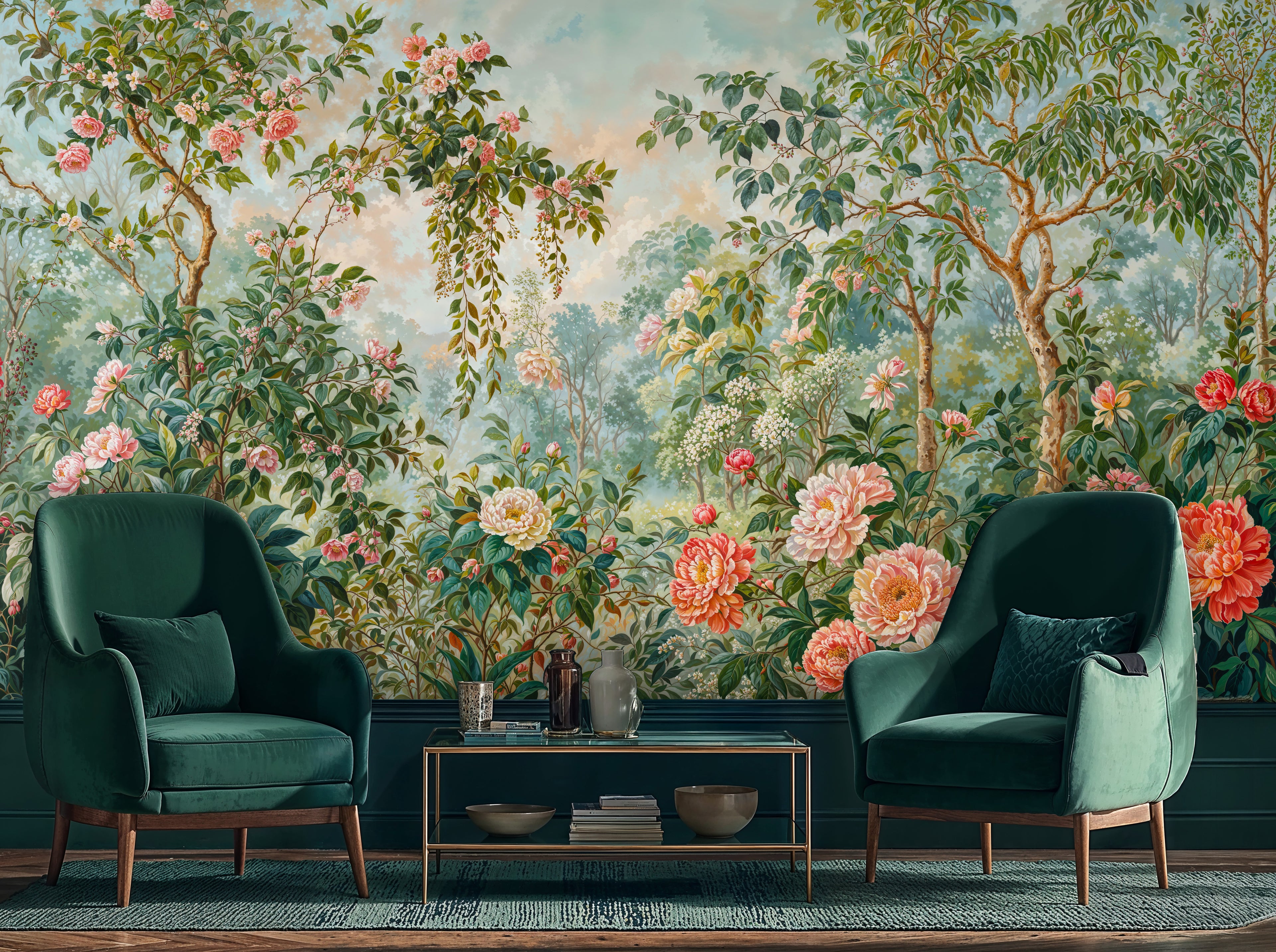 Romantic Garden Wallpaper, Vintage Botanical Wall Mural with Peonies