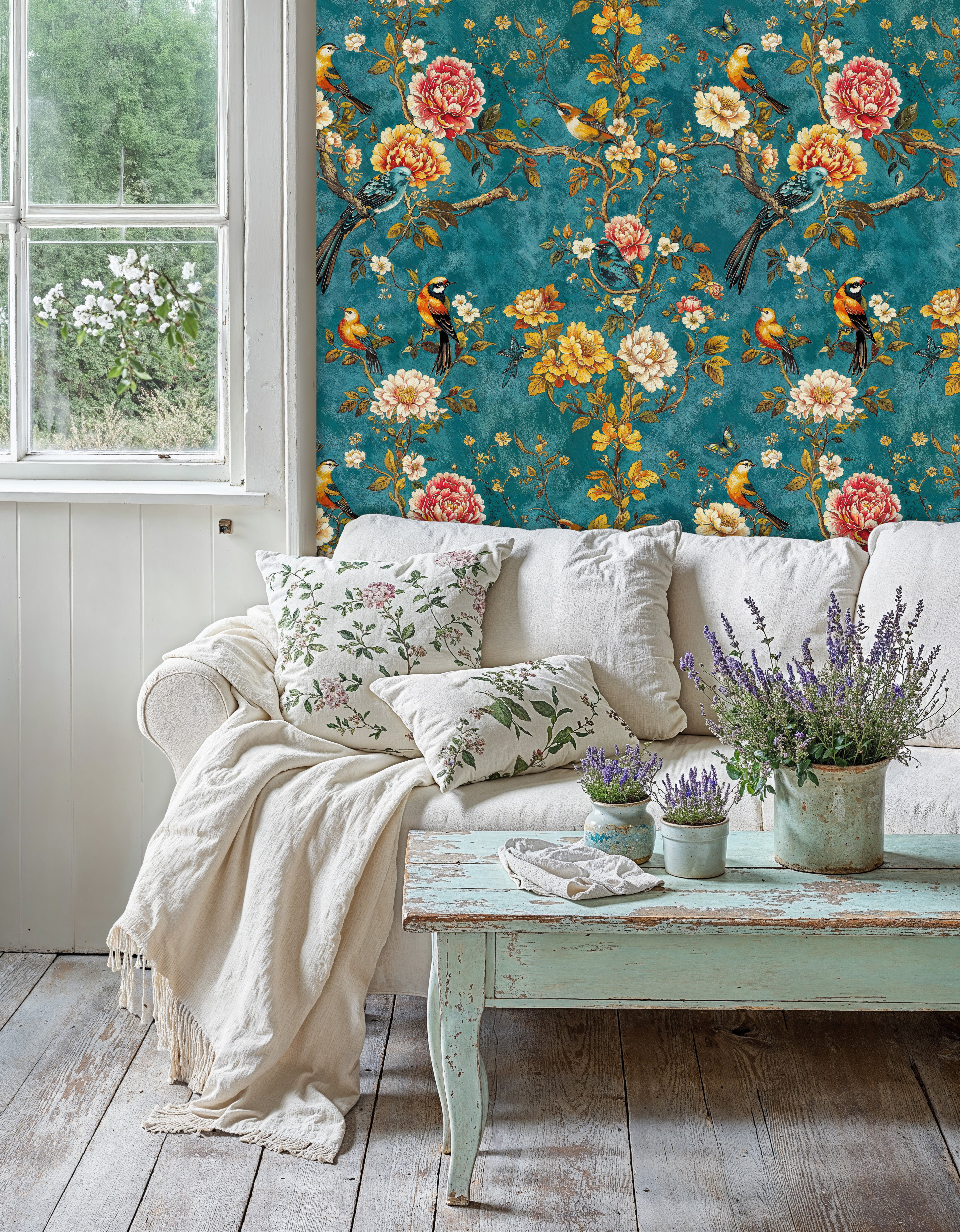 Teal Chinoiserie Bird Wallpaper, Floral Vintage Wall Mural