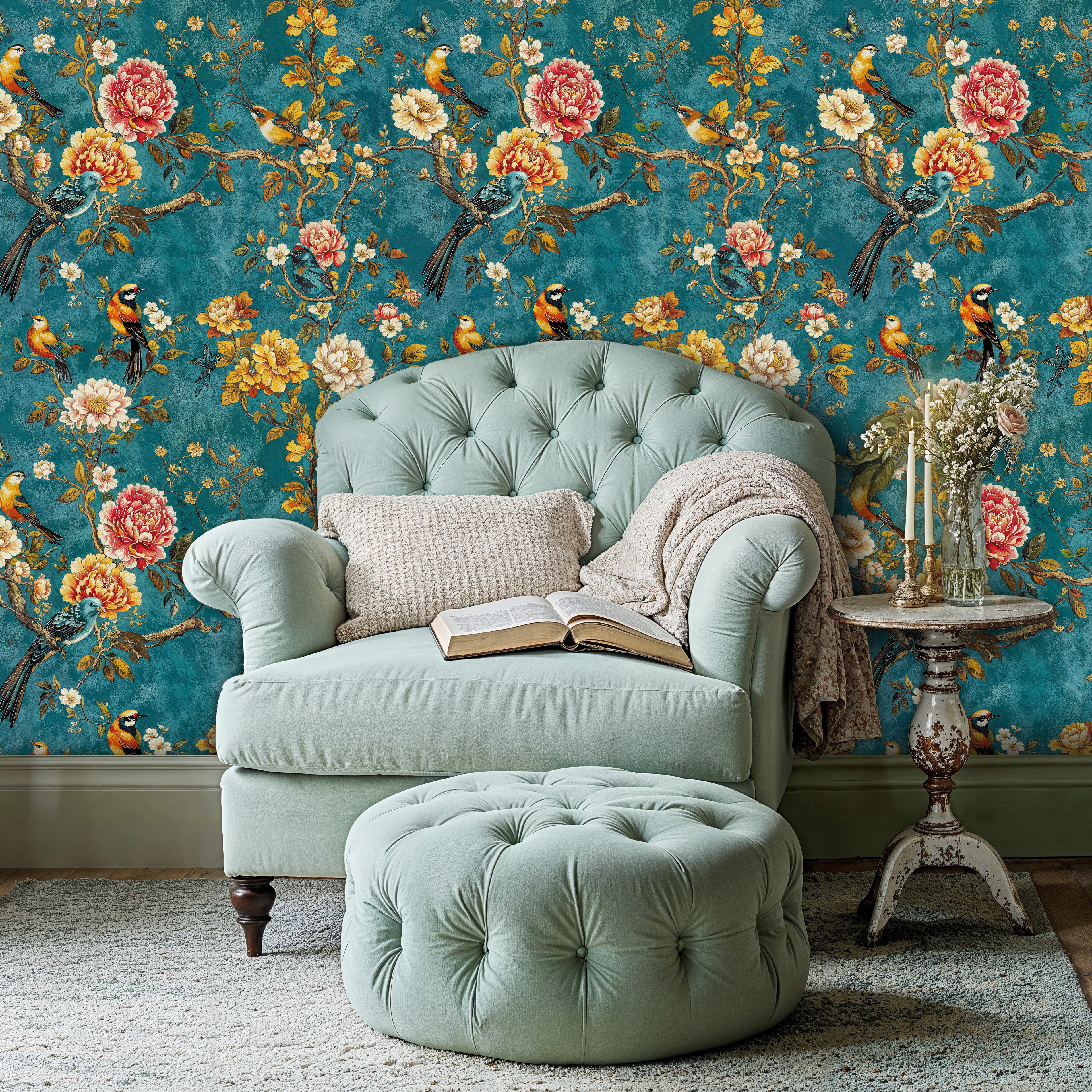 Teal Chinoiserie Bird Wallpaper, Floral Vintage Wall Mural