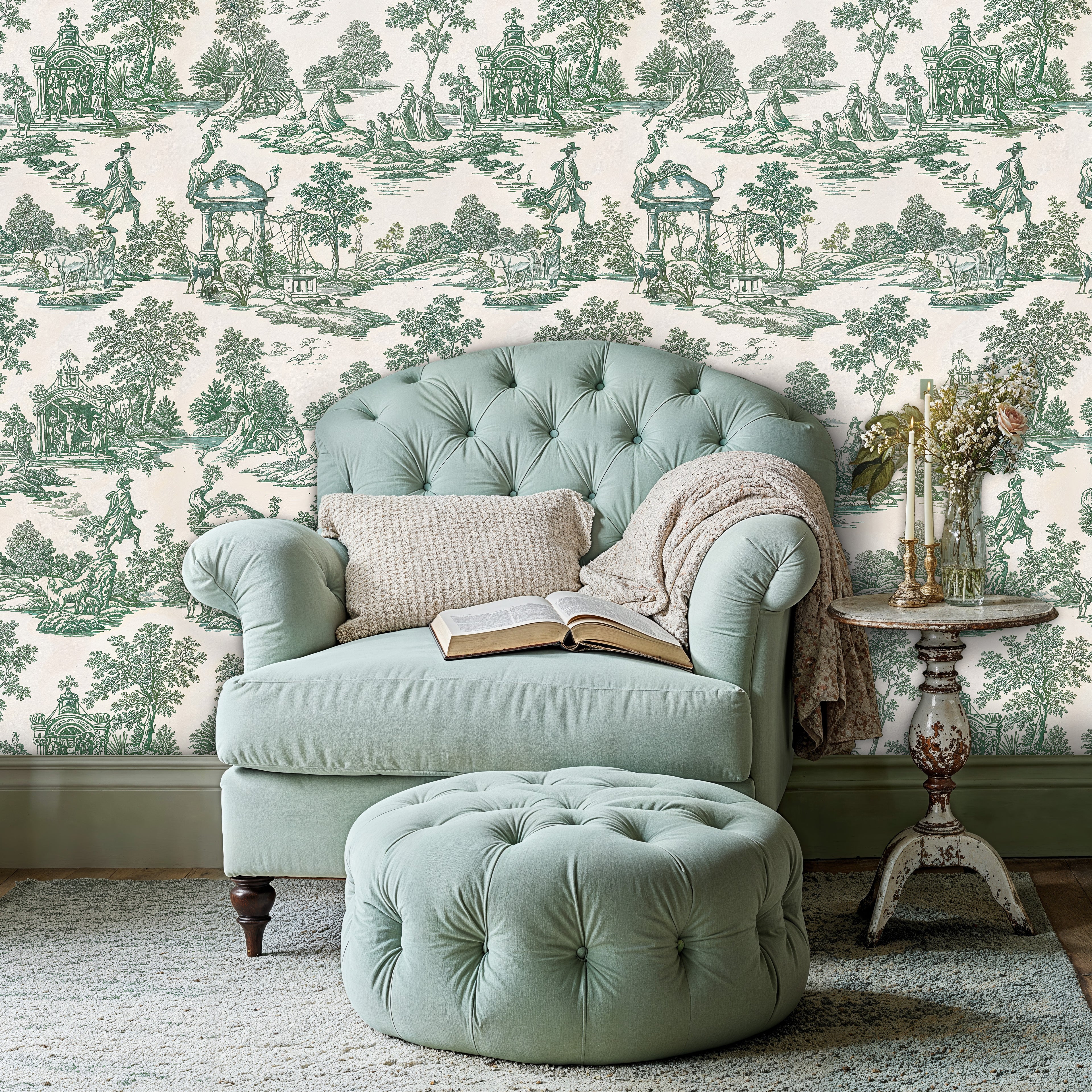 Green Toile de Jouy Wallpaper, Removable French Country Scene