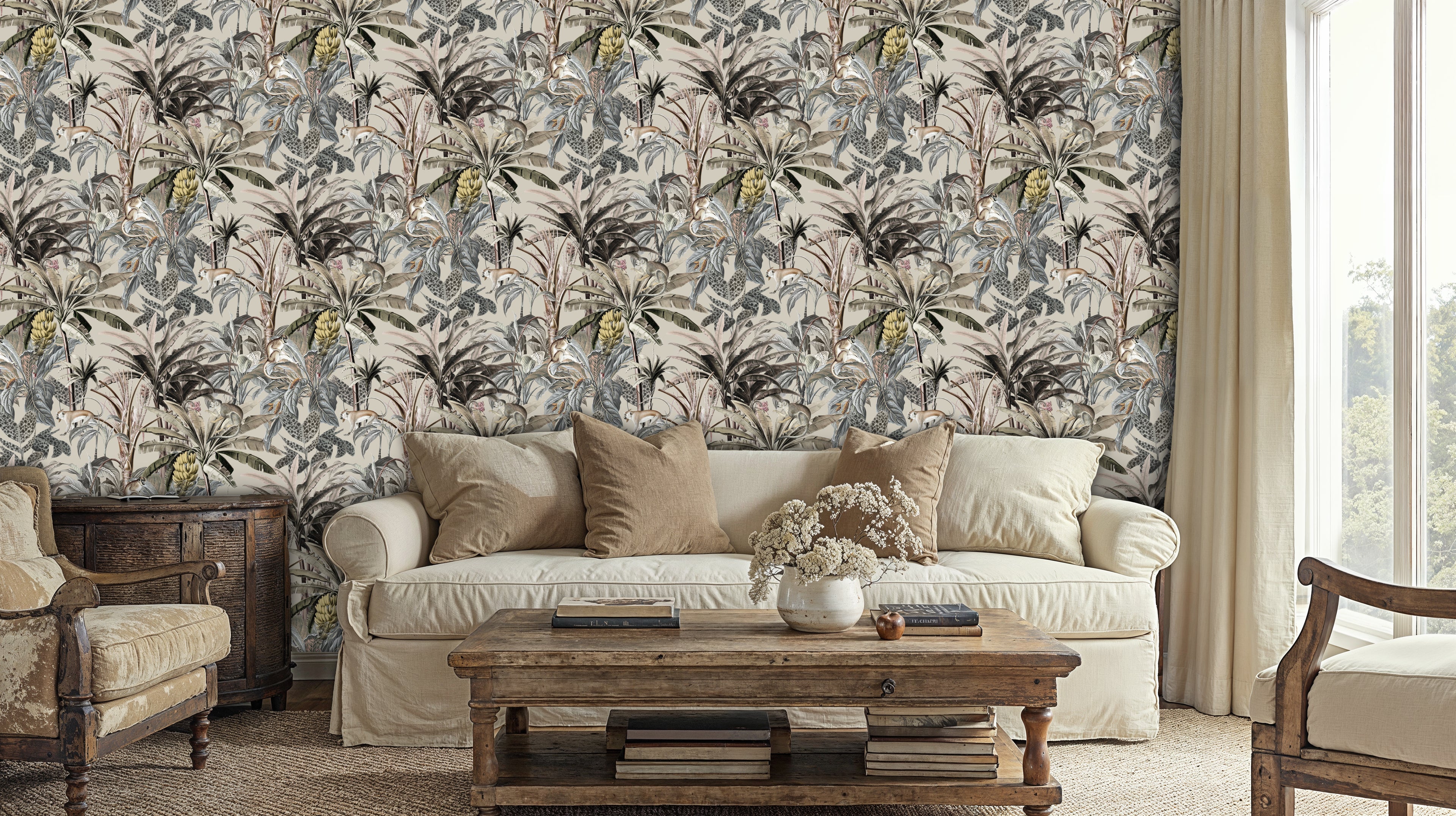 Muted Jungle Wallpaper, Safari Peel and Stick Mural with Monkeys and Banana Leaves