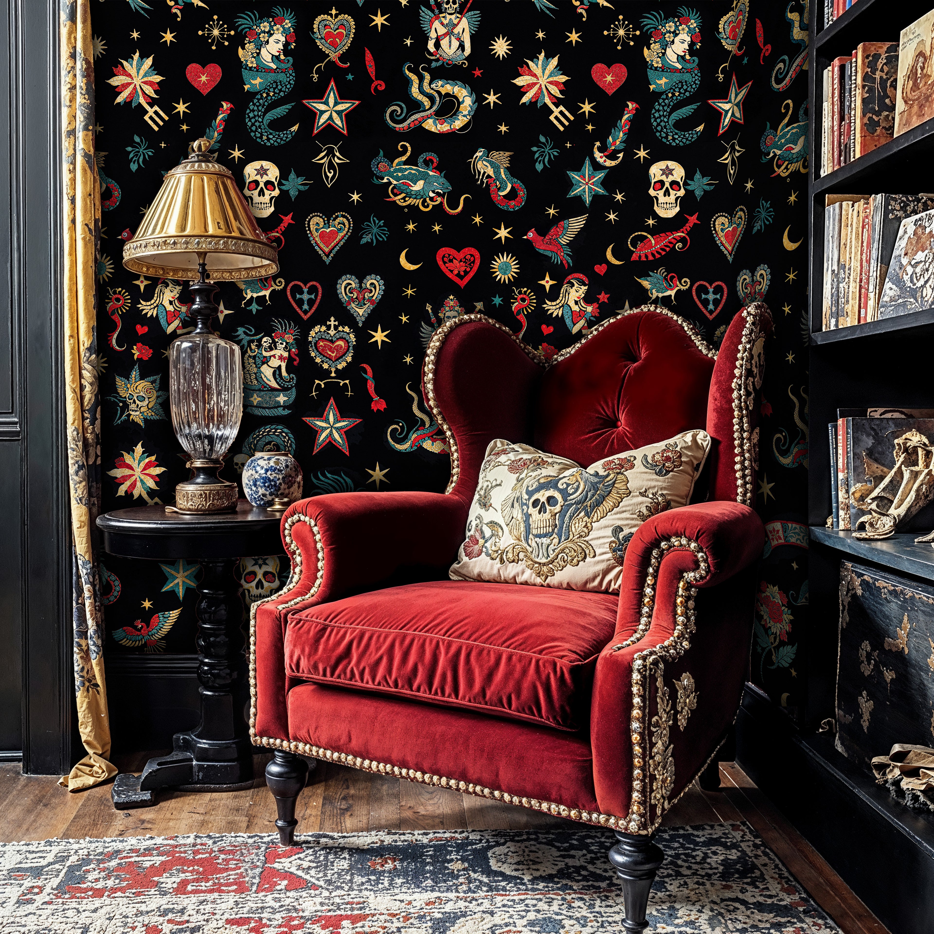 Vintage Tattoo Wallpaper, Gothic Peel and Stick Wall Mural