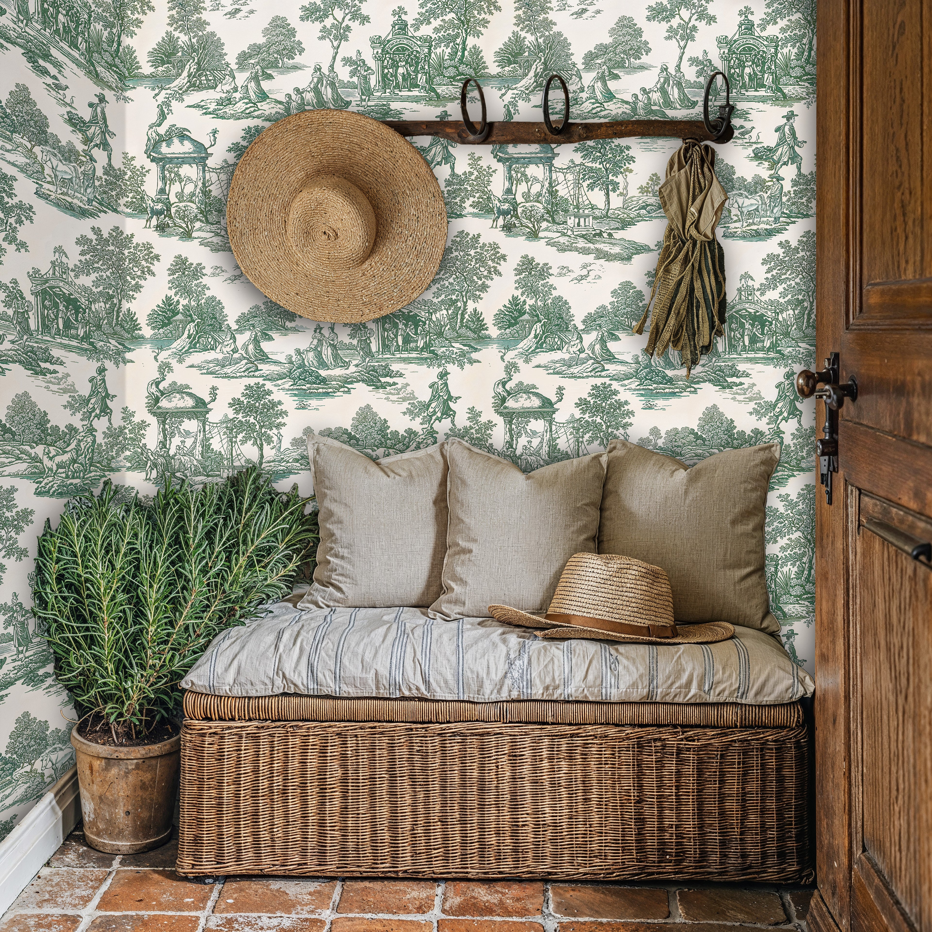 Green Toile de Jouy Wallpaper, Removable French Country Scene