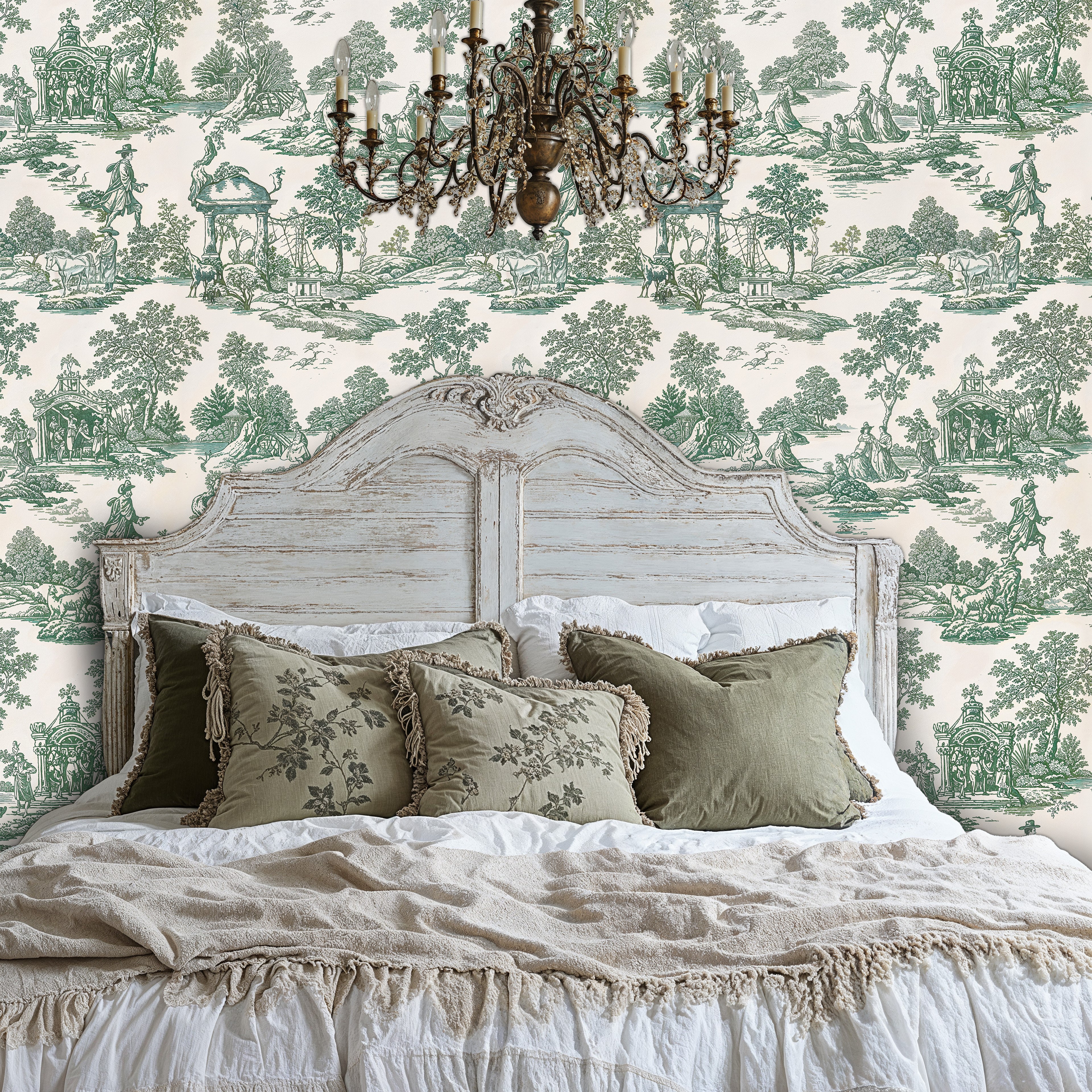 Green Toile de Jouy Wallpaper, Removable French Country Scene
