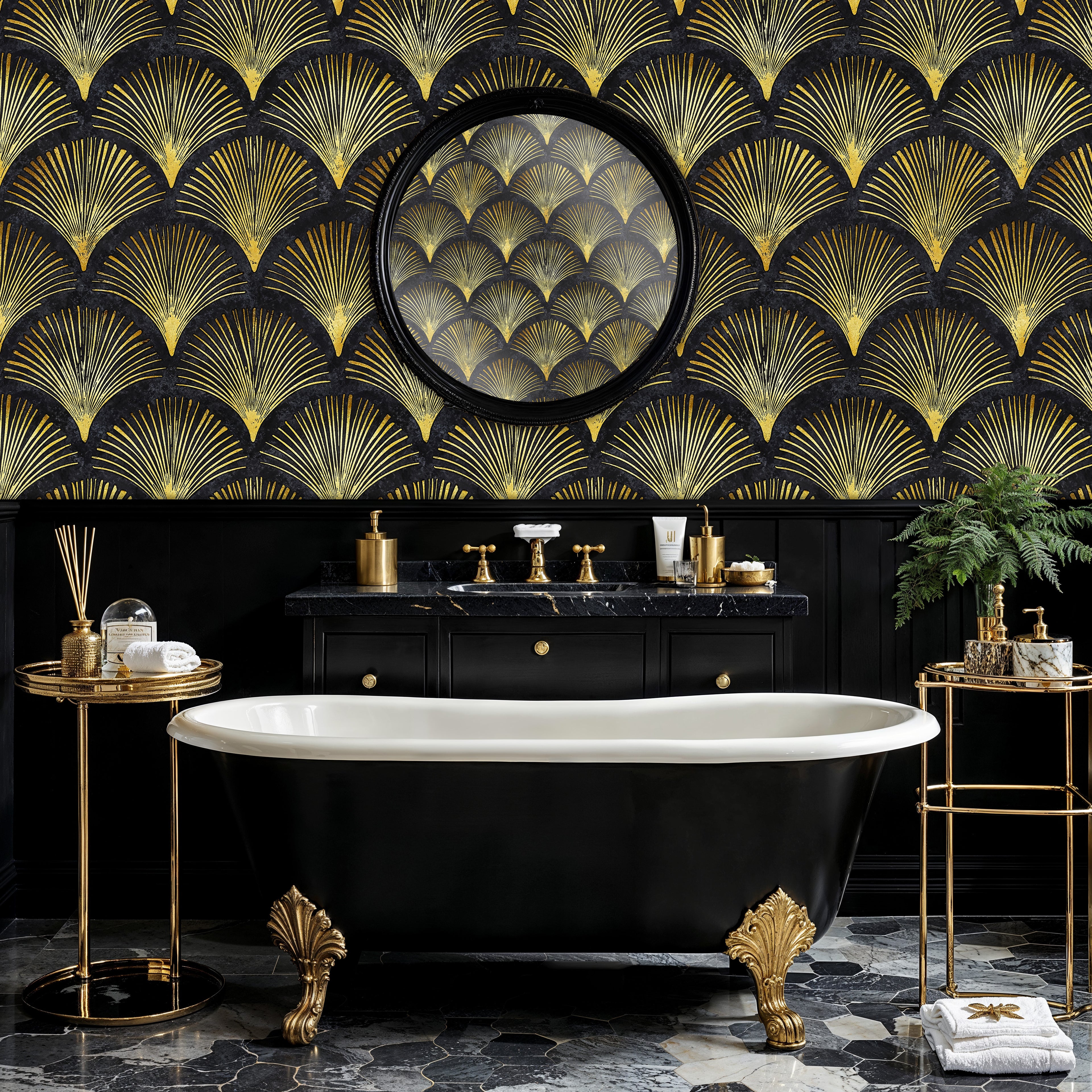 Art Deco Gold Wallpaper, Black and Gold Fan Peel and Stick Wall Mural