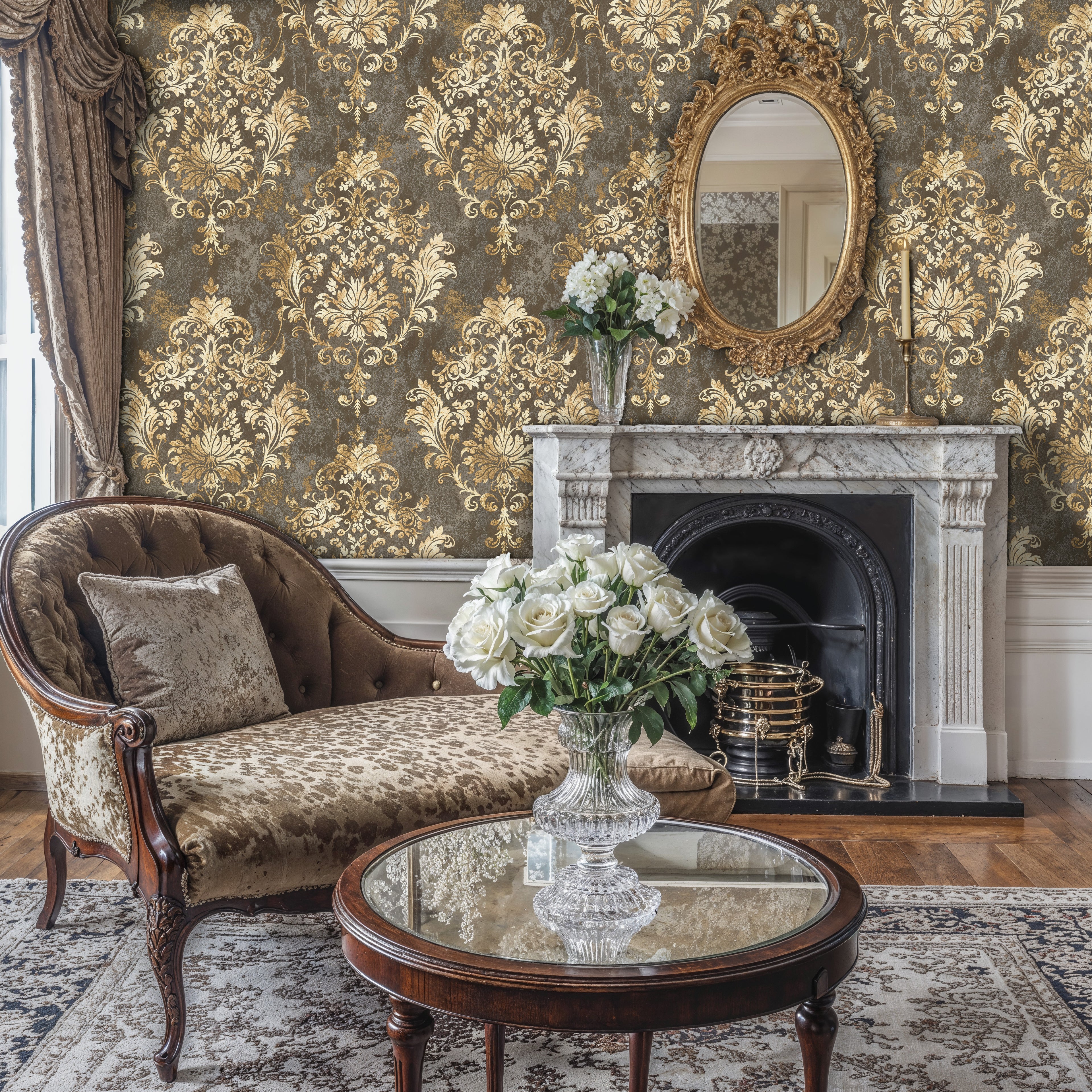 Luxury Gold Baroque Wallpaper Mural, Ornate Damask Peel and Stick, Vintage Regal Wall Art