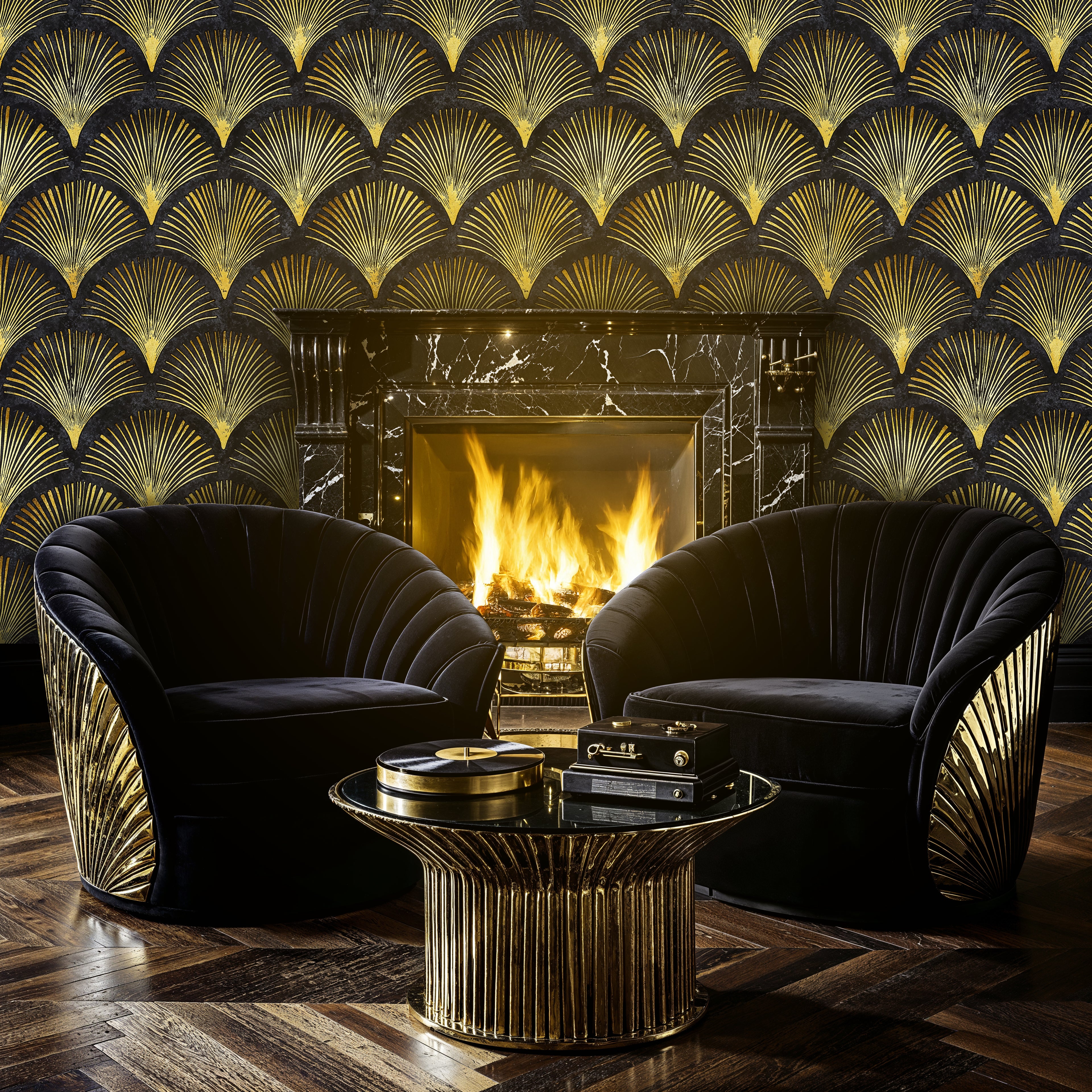 Art Deco Gold Wallpaper, Black and Gold Fan Peel and Stick Wall Mural