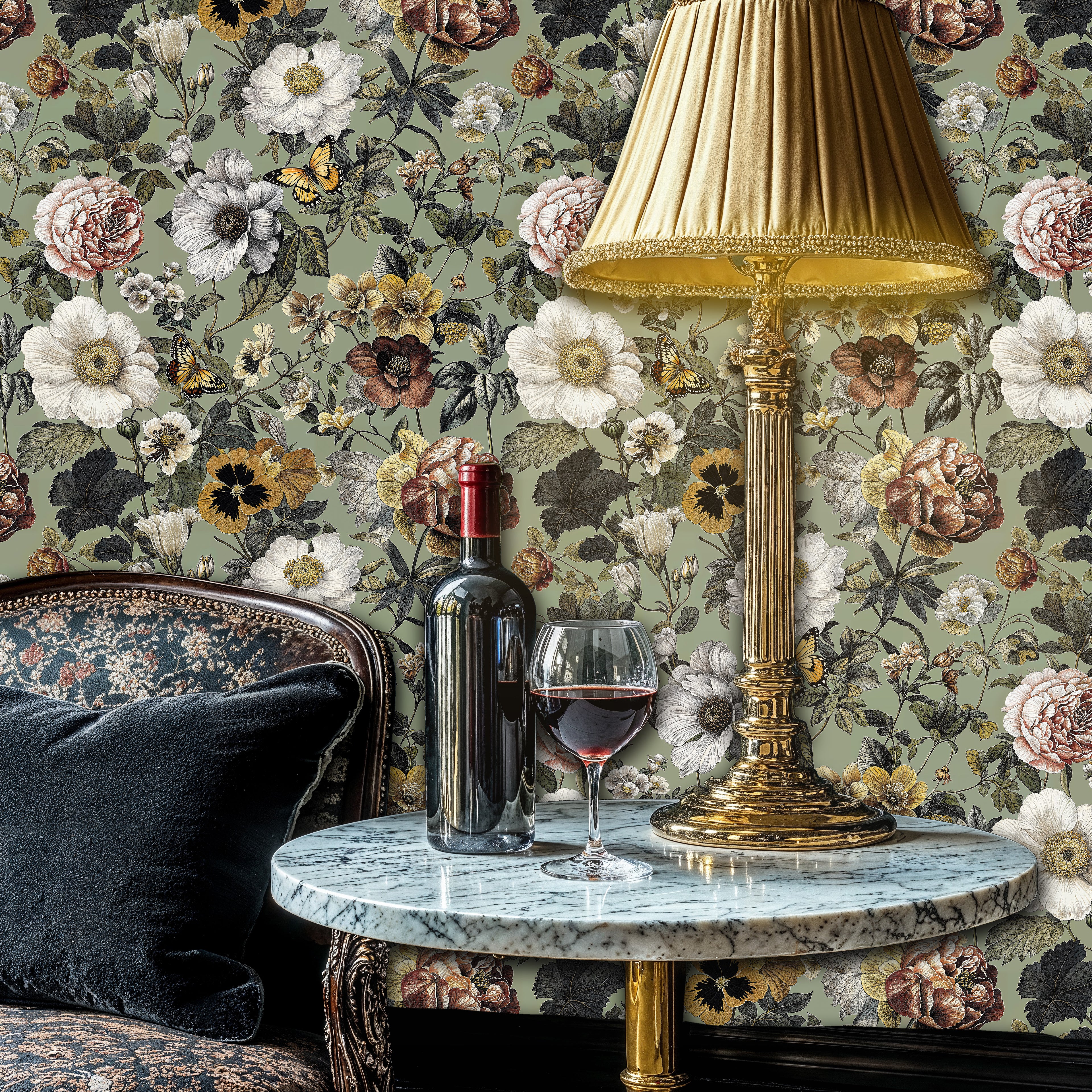 Victorian Style Floral Wallpaper, Pastel Green Peel and Stick Mural