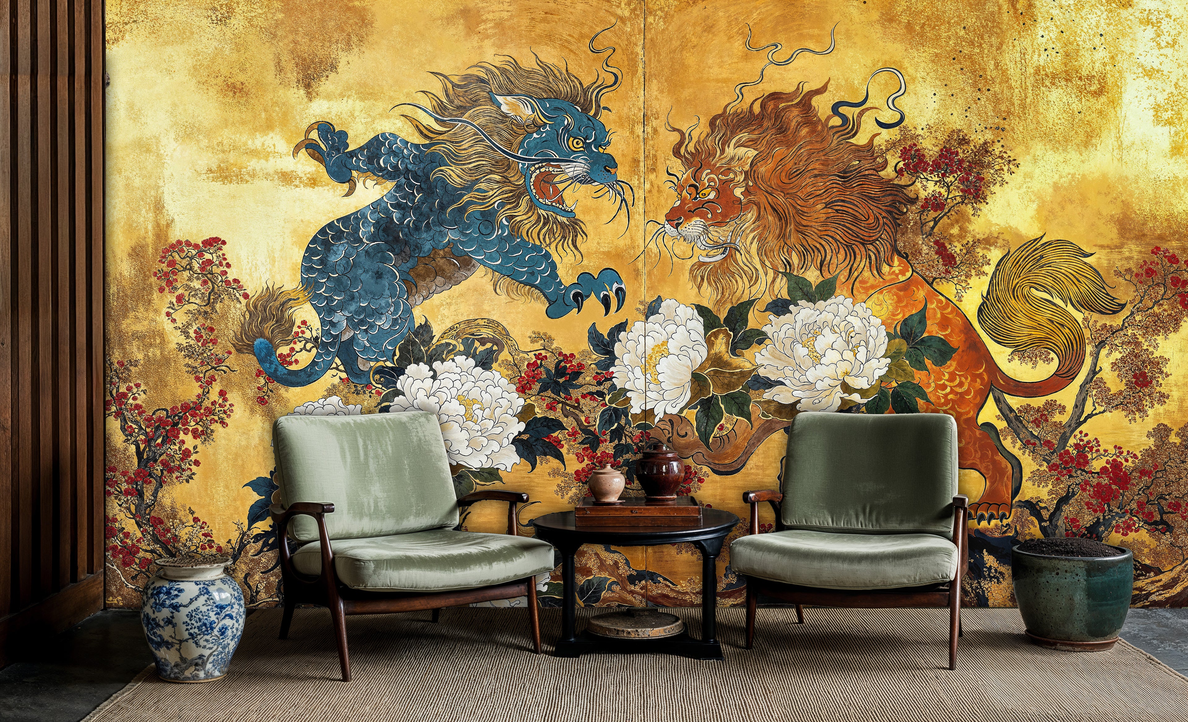 Golden Dragon and Lion Wall Mural, Mythical Oriental Peel and Stick