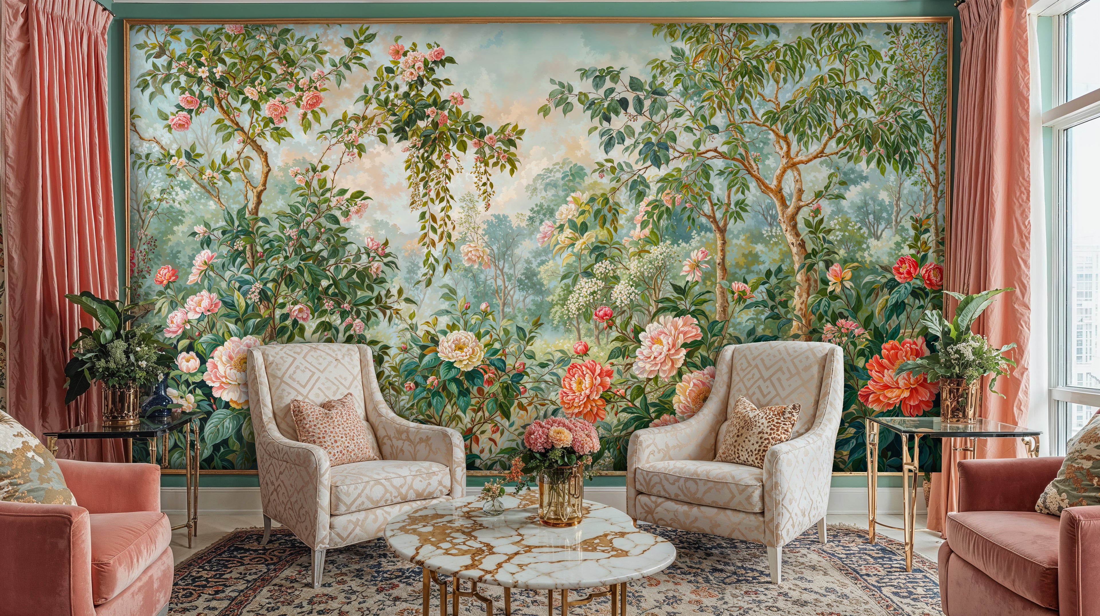 Romantic Garden Wallpaper, Vintage Botanical Wall Mural with Peonies