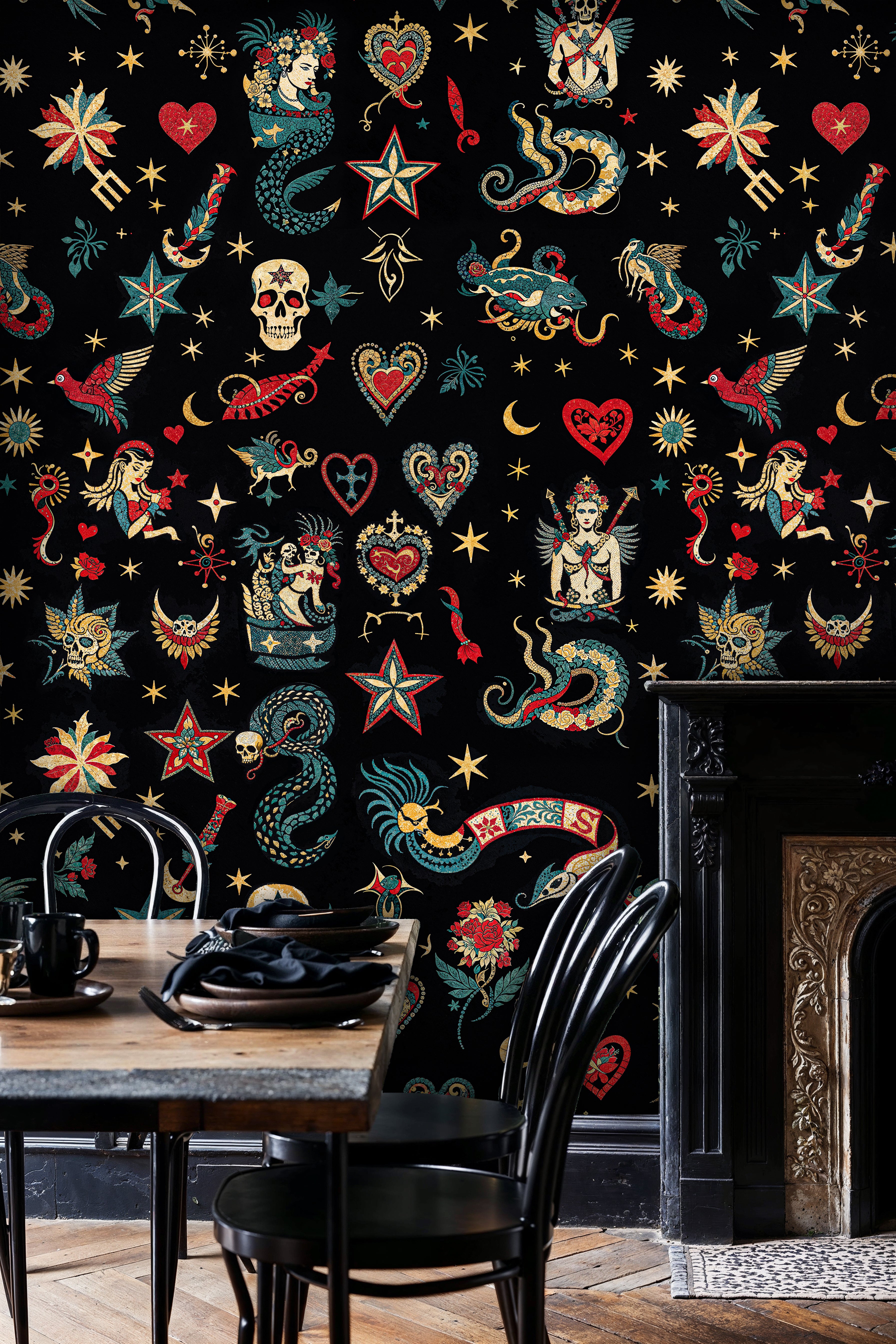 Vintage Tattoo Wallpaper, Gothic Peel and Stick Wall Mural
