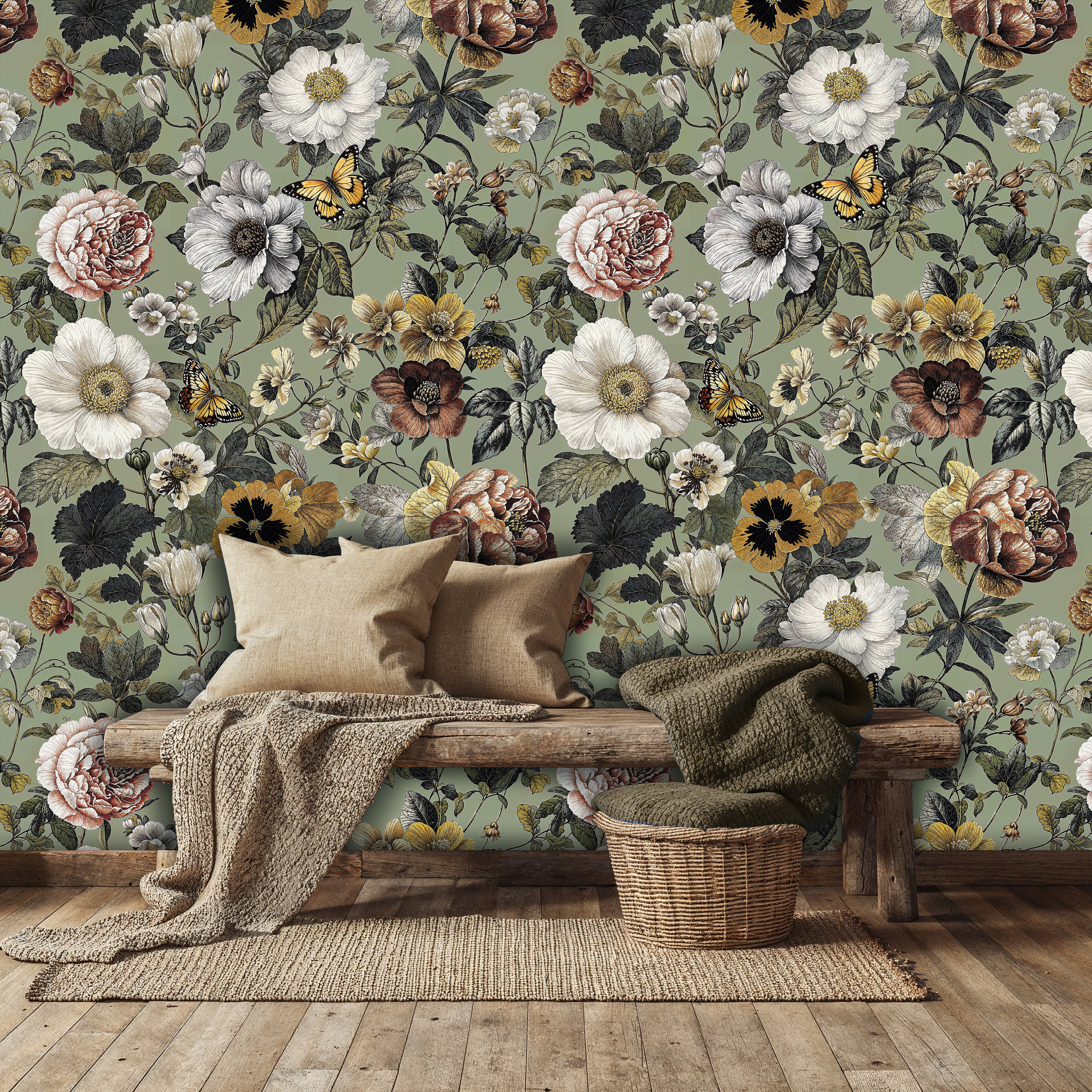 Victorian Style Floral Wallpaper, Pastel Green Peel and Stick Mural