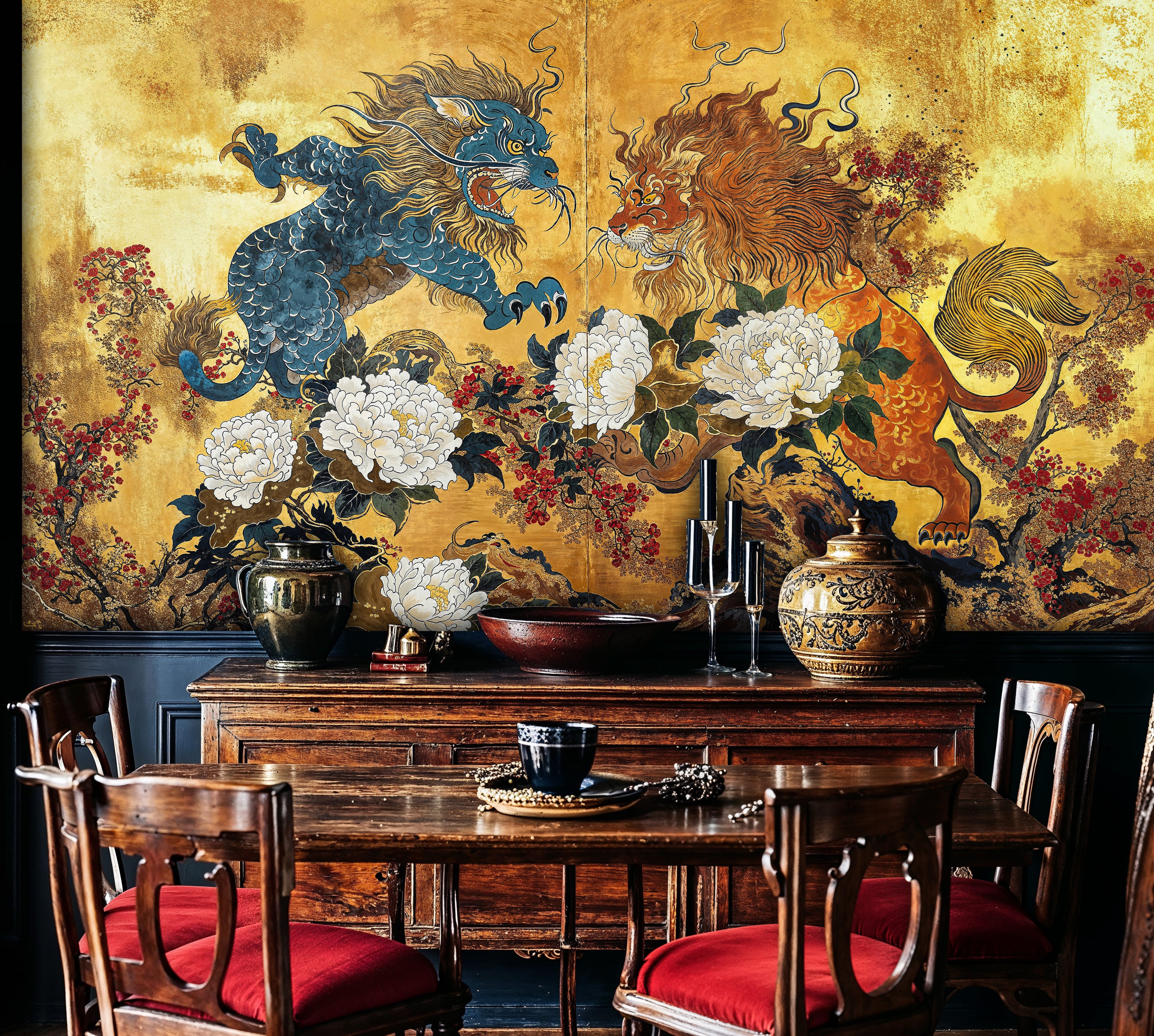 Golden Dragon and Lion Wall Mural, Mythical Oriental Peel and Stick