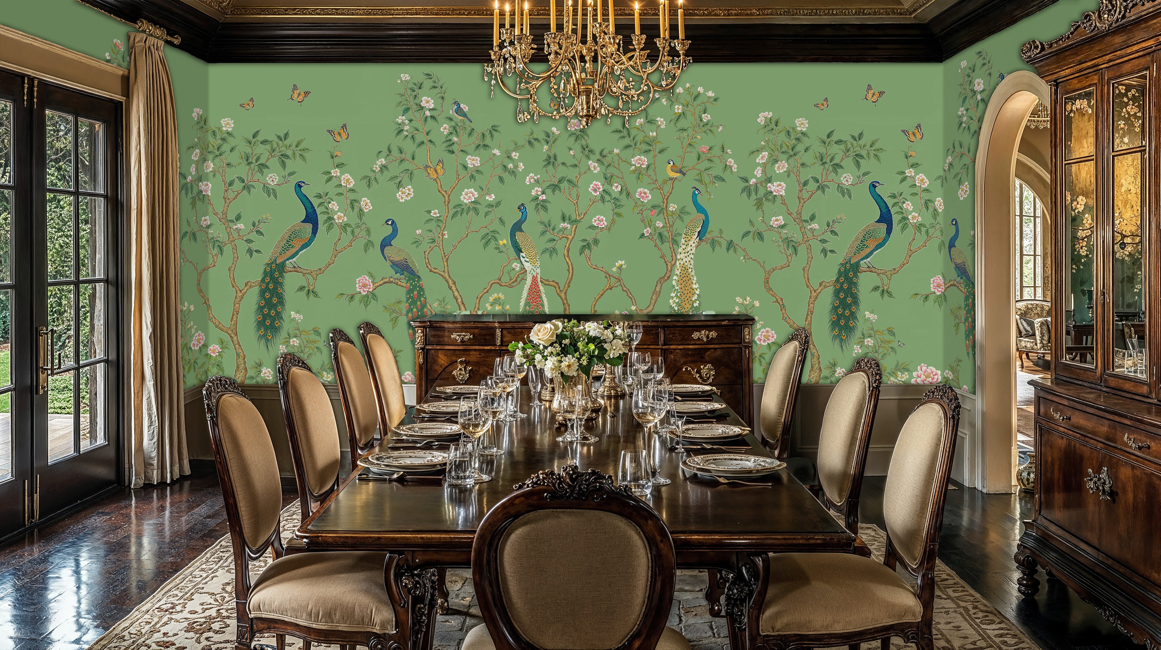 Green Chinoiserie Peacock Wallpaper, Floral Removable Wall Mural
