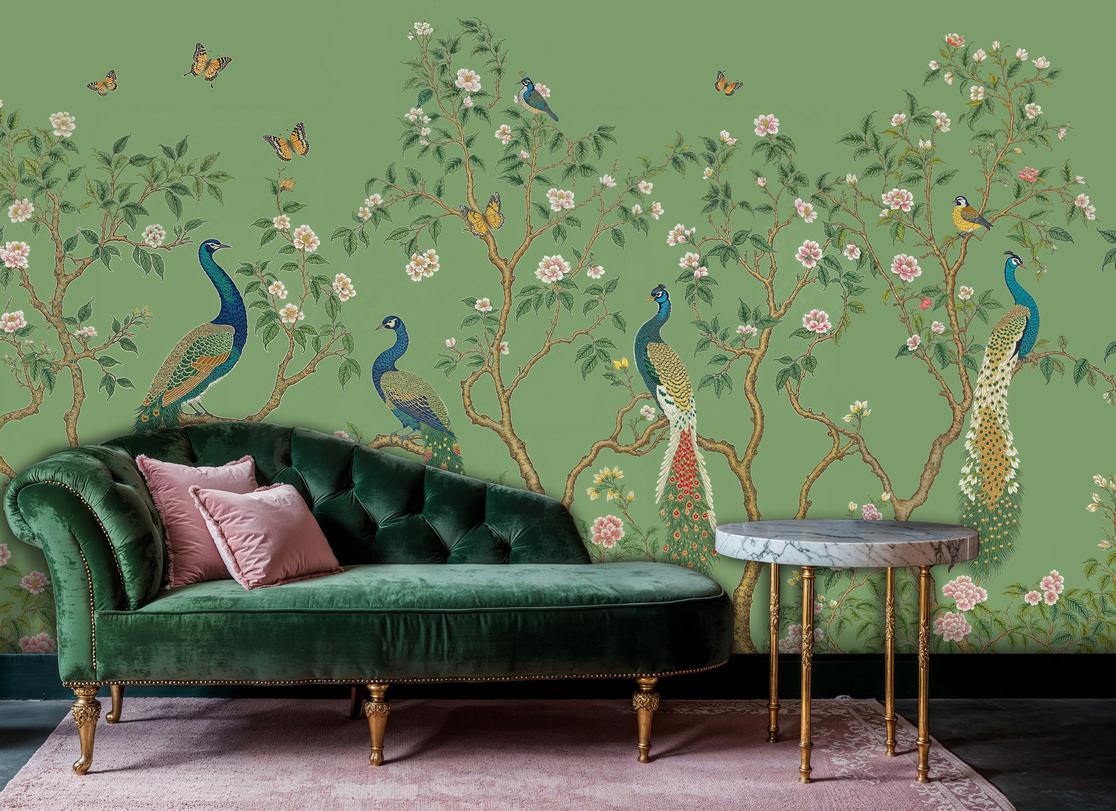 Green Chinoiserie Peacock Wallpaper, Floral Removable Wall Mural