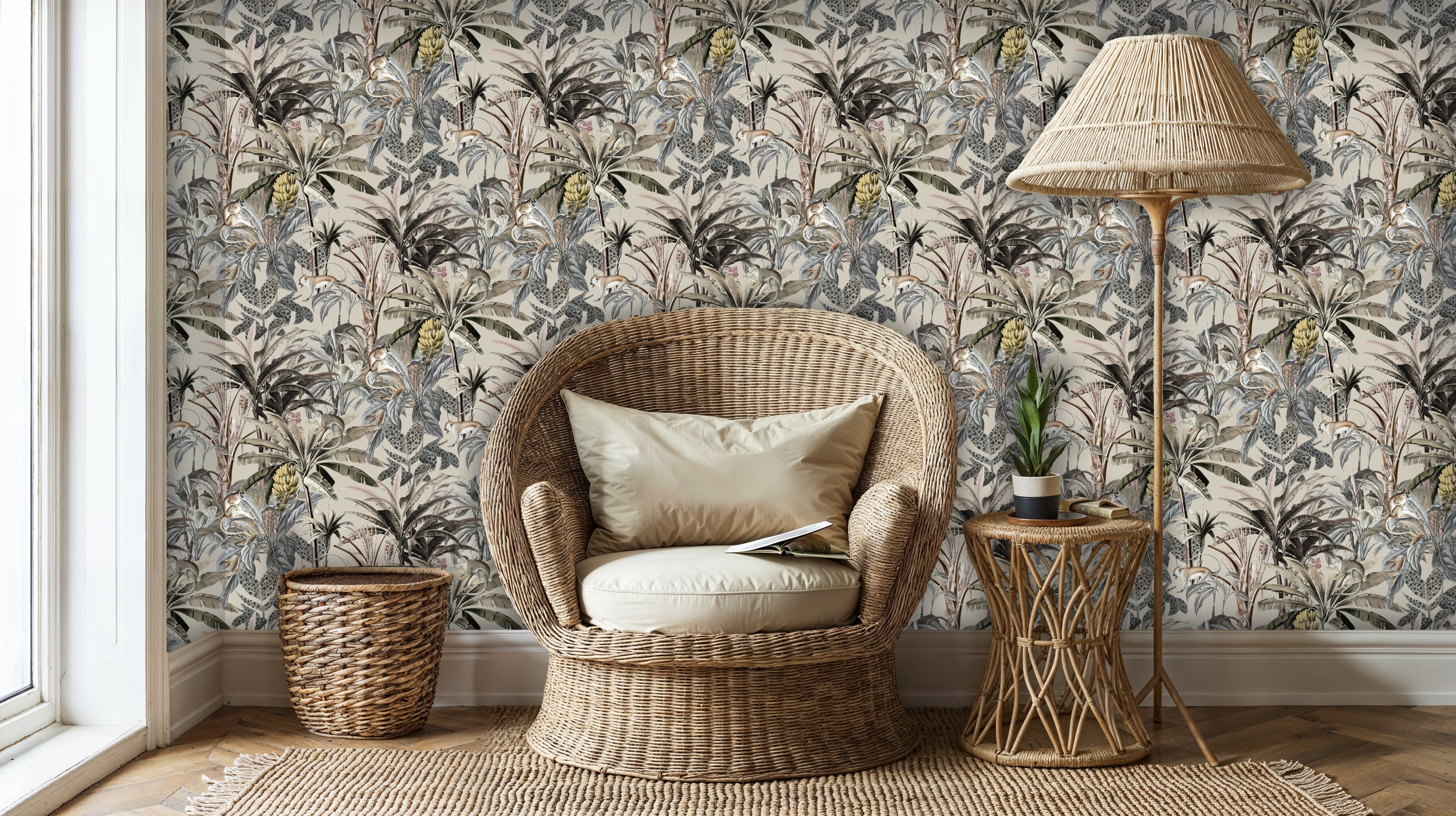 Muted Jungle Wallpaper, Safari Peel and Stick Mural with Monkeys and Banana Leaves