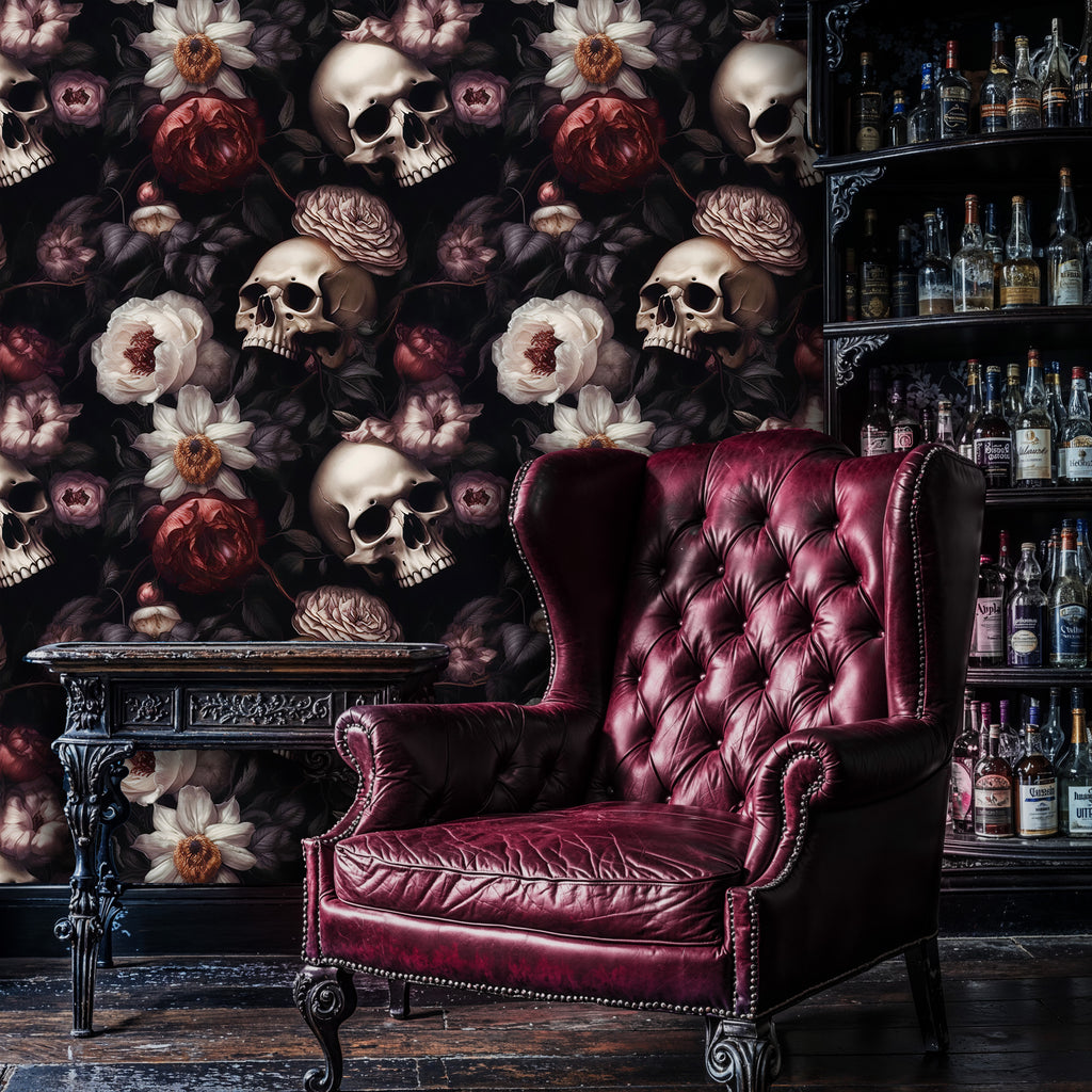 Gothic Skull Floral Wallpaper, Dark Romantic Wall Mural