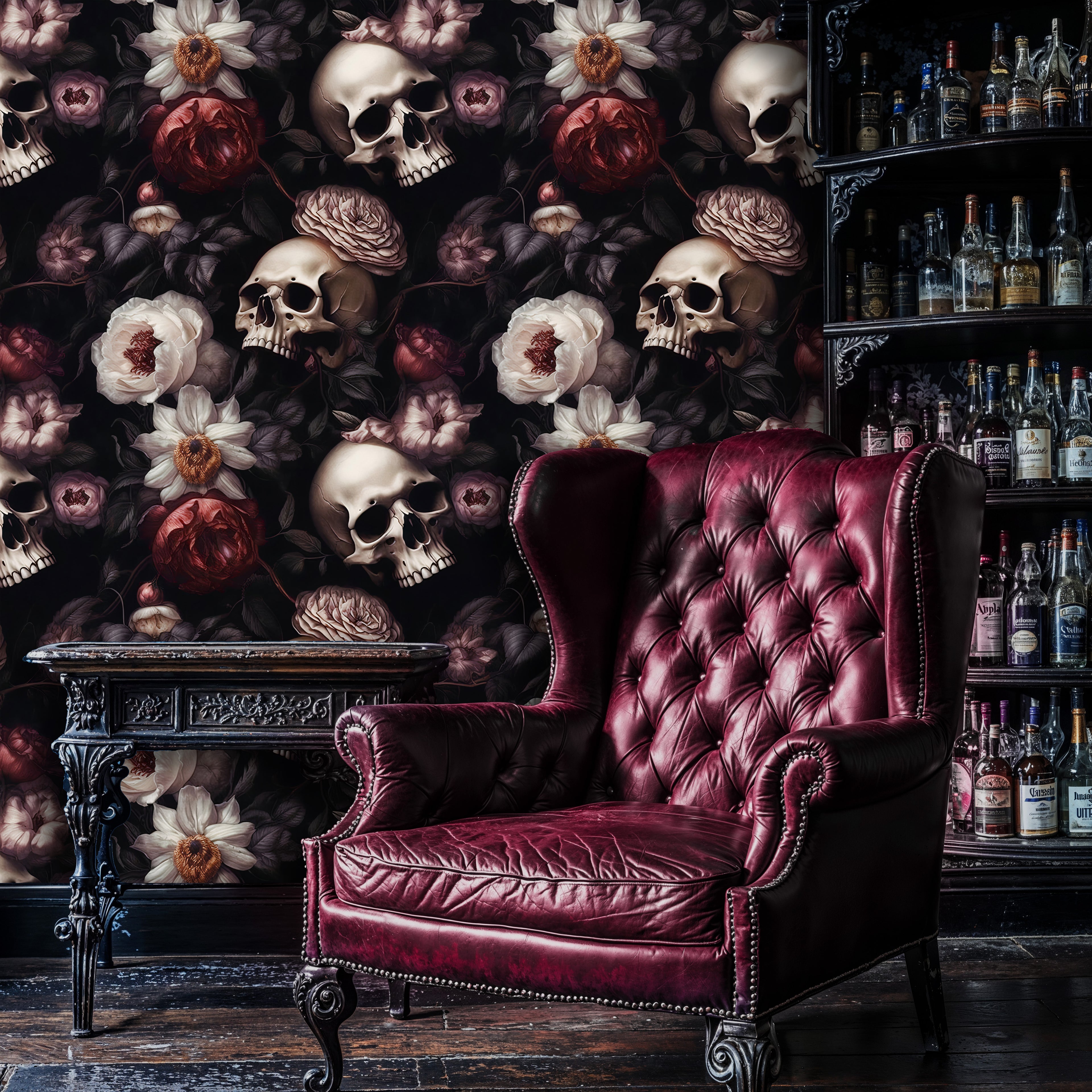 Gothic Skull Floral Wallpaper, Dark Romantic Wall Mural