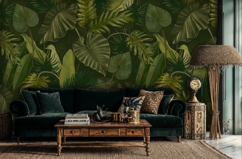 Tropical Jungle Leaf Wallpaper, Dark Green Peel and Stick Mural