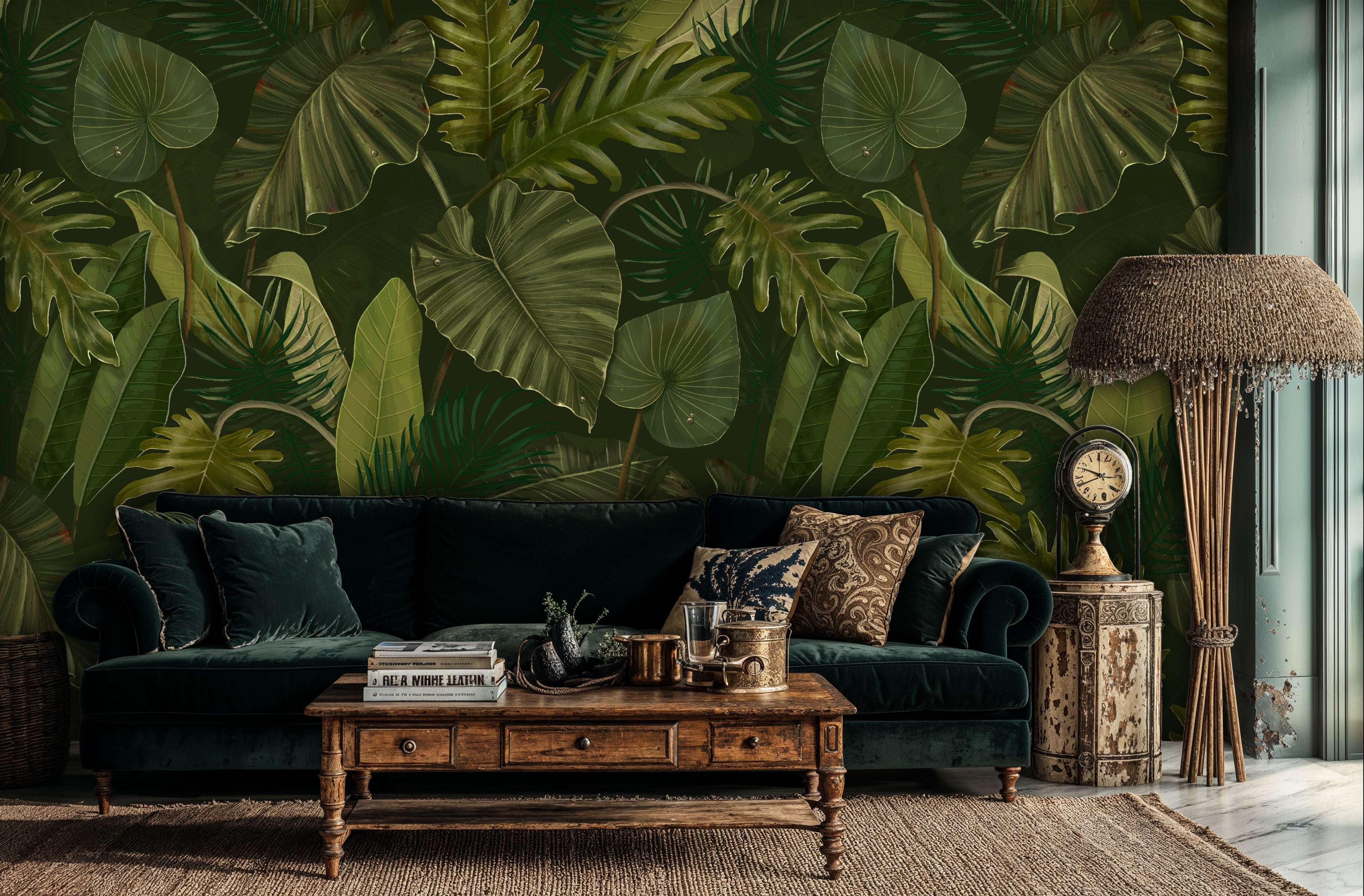 Tropical Jungle Leaf Wallpaper, Dark Green Peel and Stick Mural