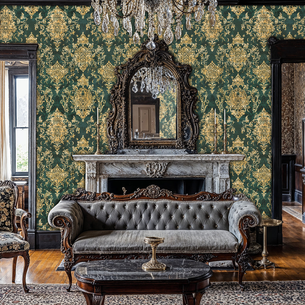 Emerald Gold Damask Wallpaper, Vintage Baroque Wall Mural