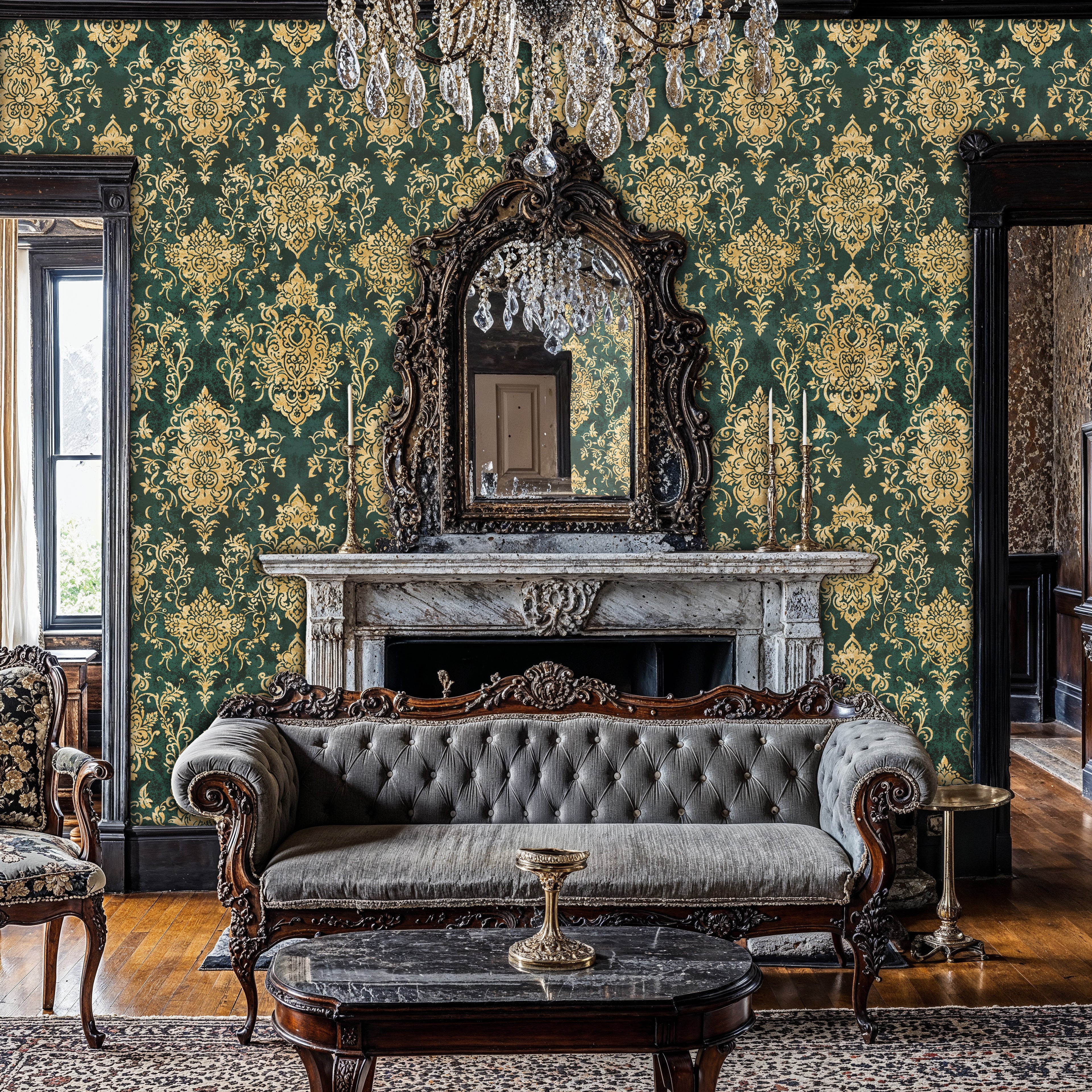 Emerald Gold Damask Wallpaper, Vintage Baroque Wall Mural