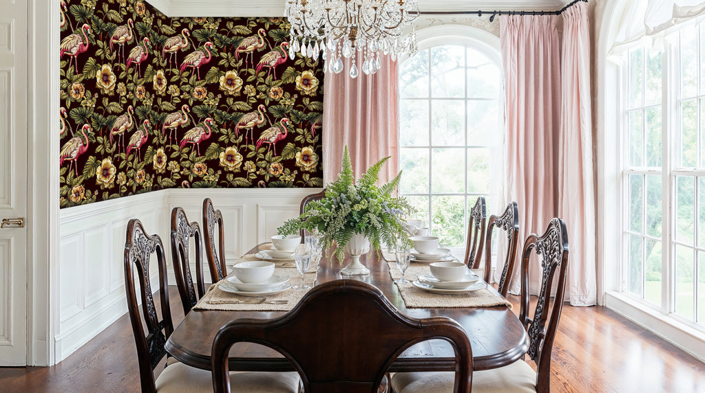 Vintage Flamingo Wallpaper, Burgundy Floral Jungle Wall Mural