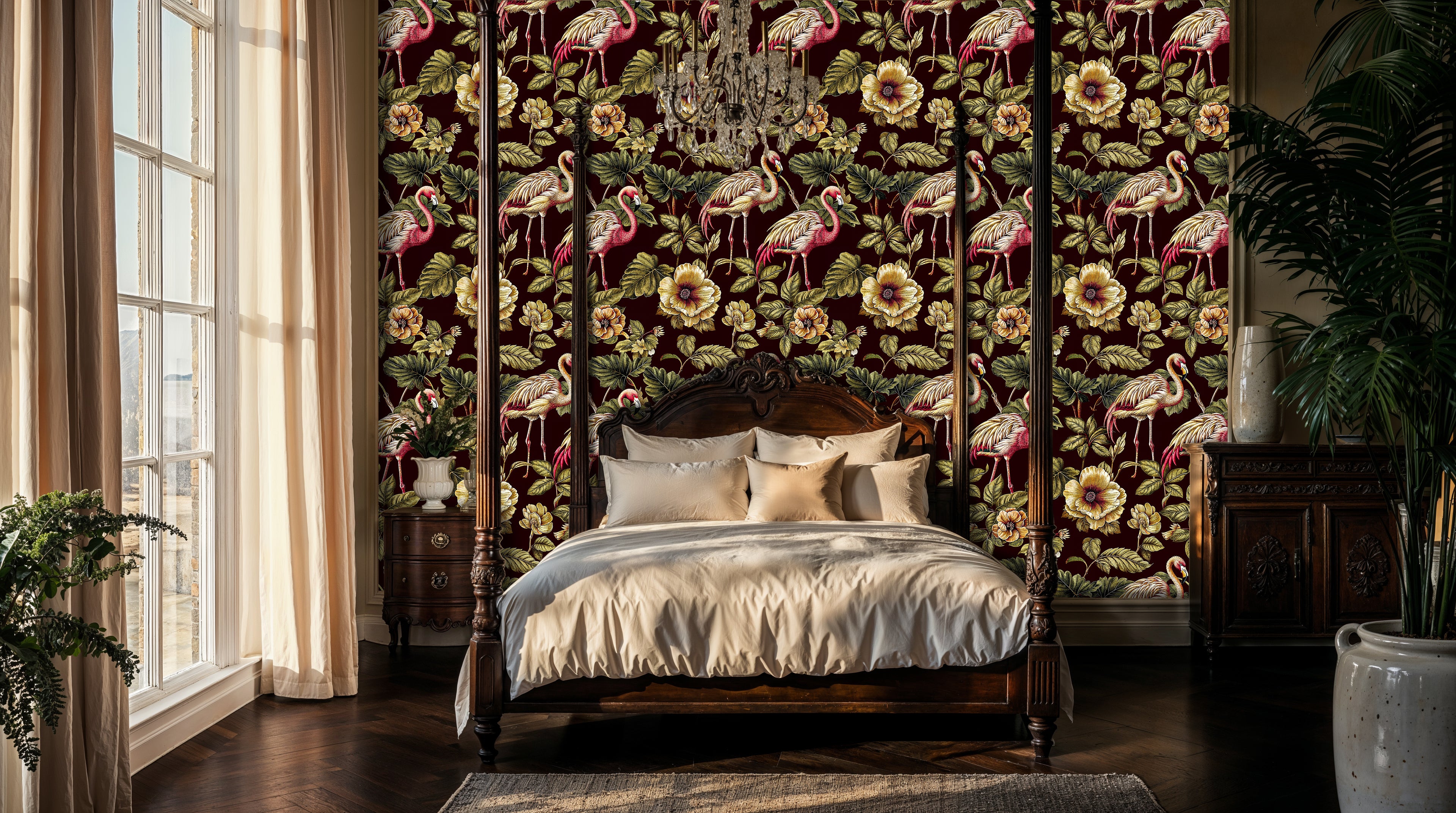 Vintage Flamingo Wallpaper, Burgundy Floral Jungle Wall Mural
