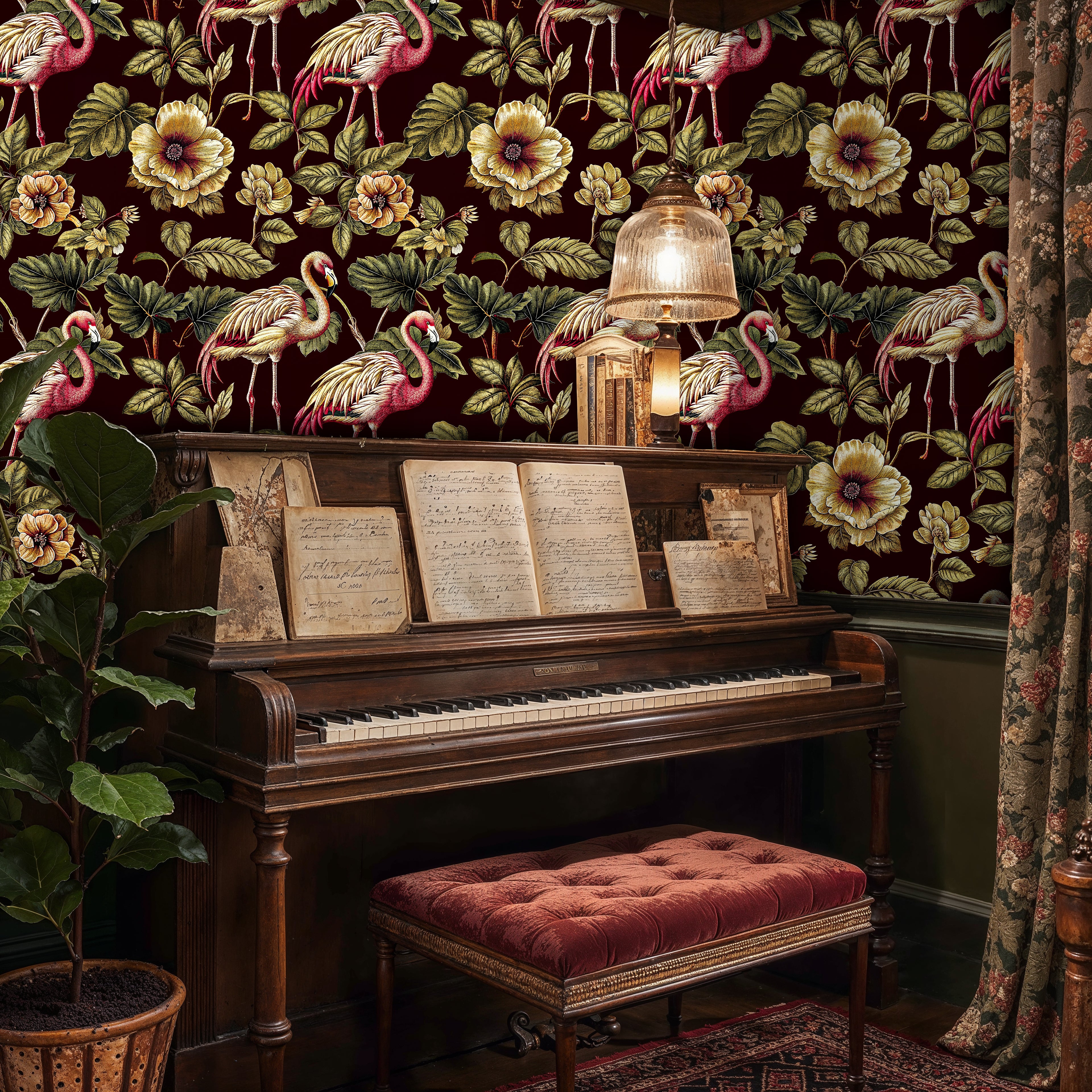 Vintage Flamingo Wallpaper, Burgundy Floral Jungle Wall Mural