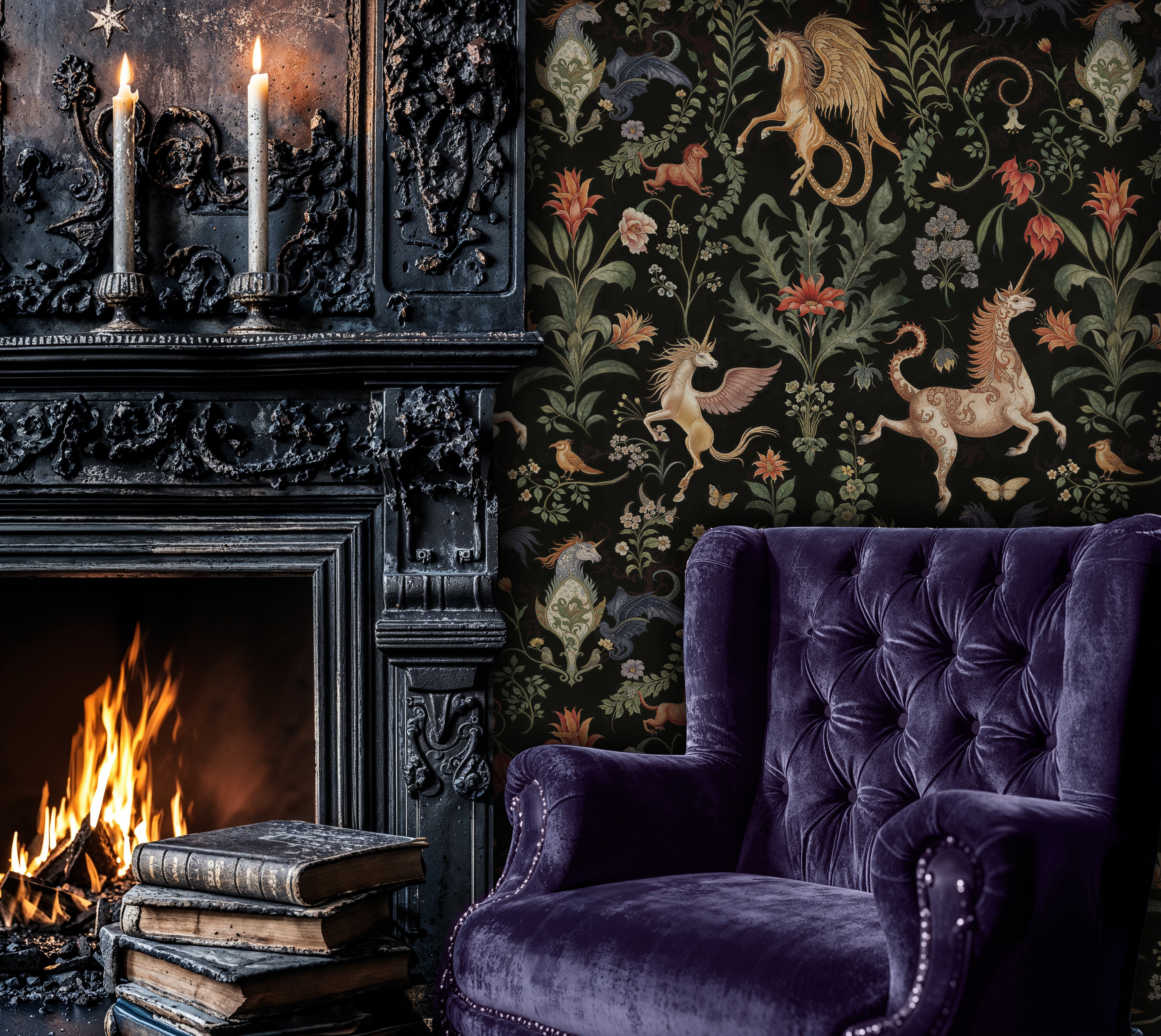 Unicorn Fantasy Wallpaper, Dark Fairytale Peel and Stick Mural