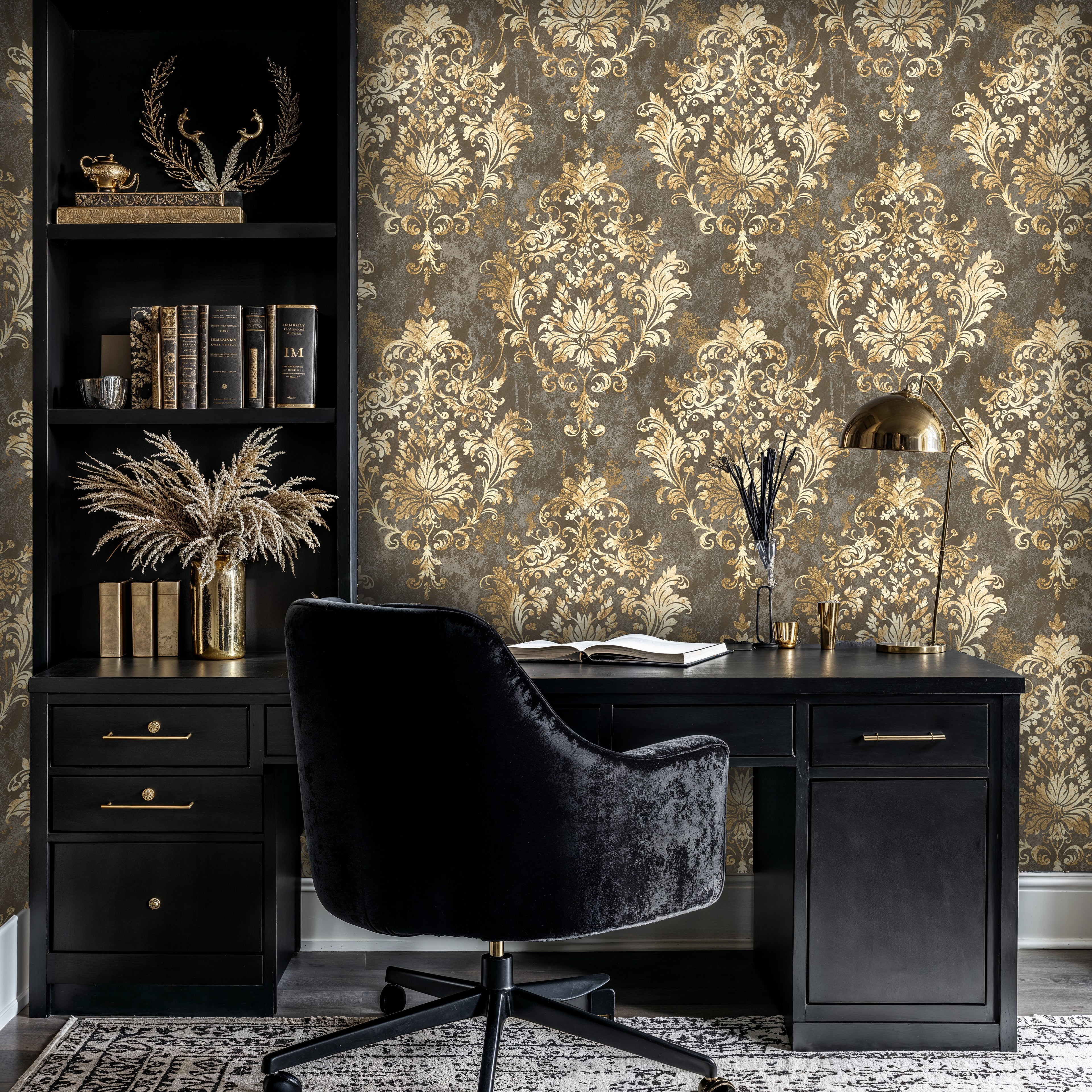 Luxury Gold Baroque Wallpaper Mural, Ornate Damask Peel and Stick, Vintage Regal Wall Art