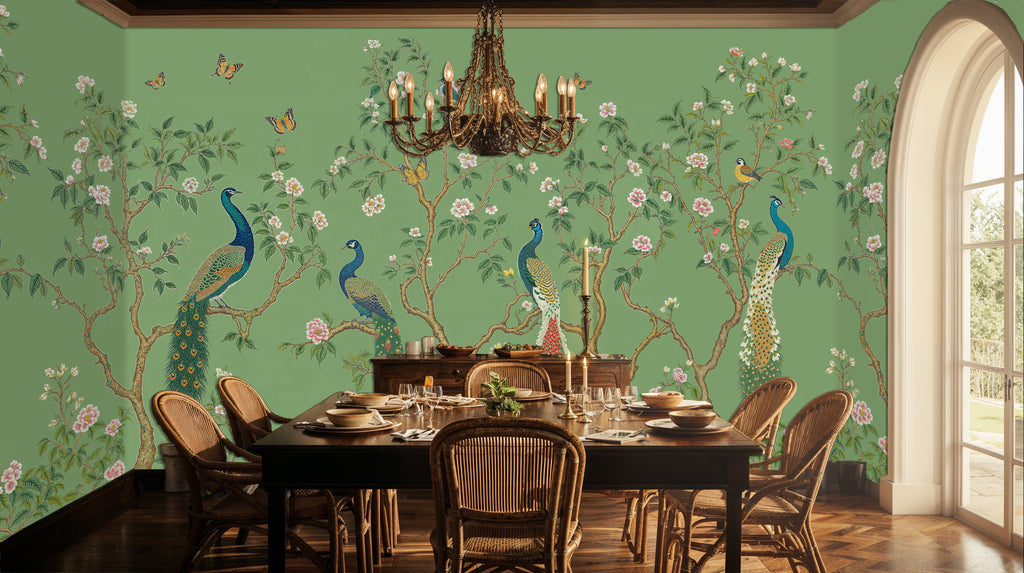 Green Chinoiserie Peacock Wallpaper, Floral Removable Wall Mural