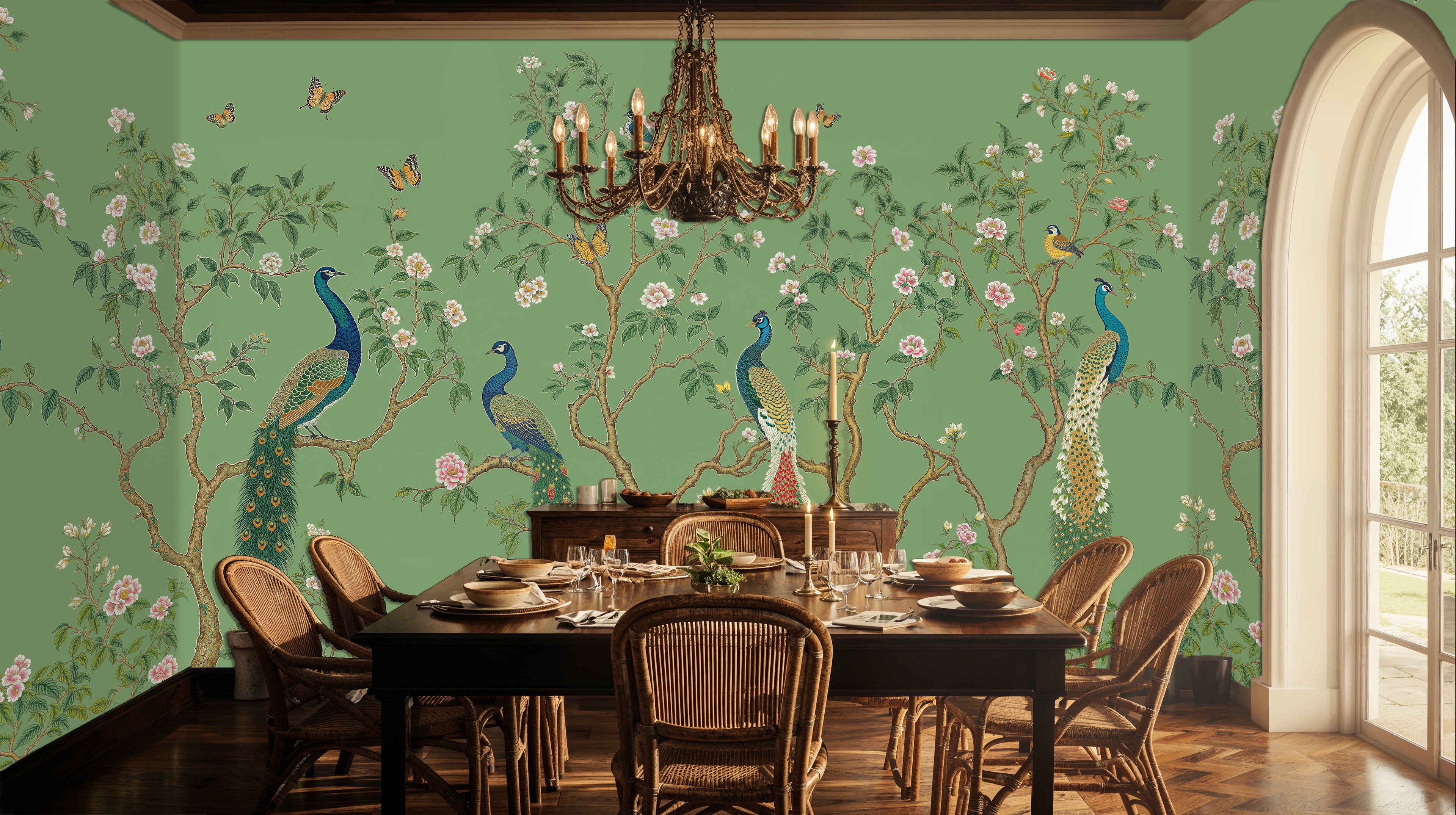 Green Chinoiserie Peacock Wallpaper, Floral Removable Wall Mural