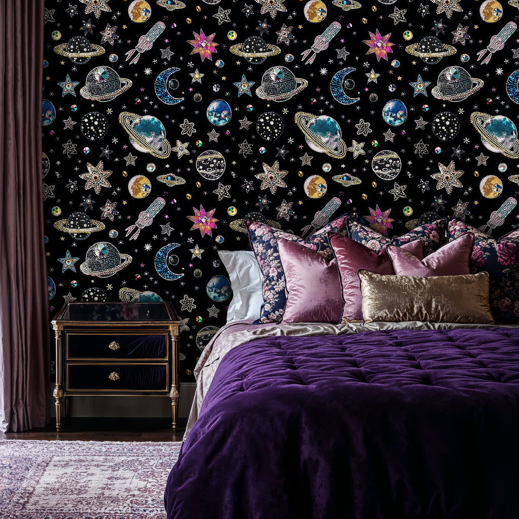 Celestial Galaxy Wallpaper Peel and Stick, Planet and Star Wall Mural, Cosmic Outer Space Decor